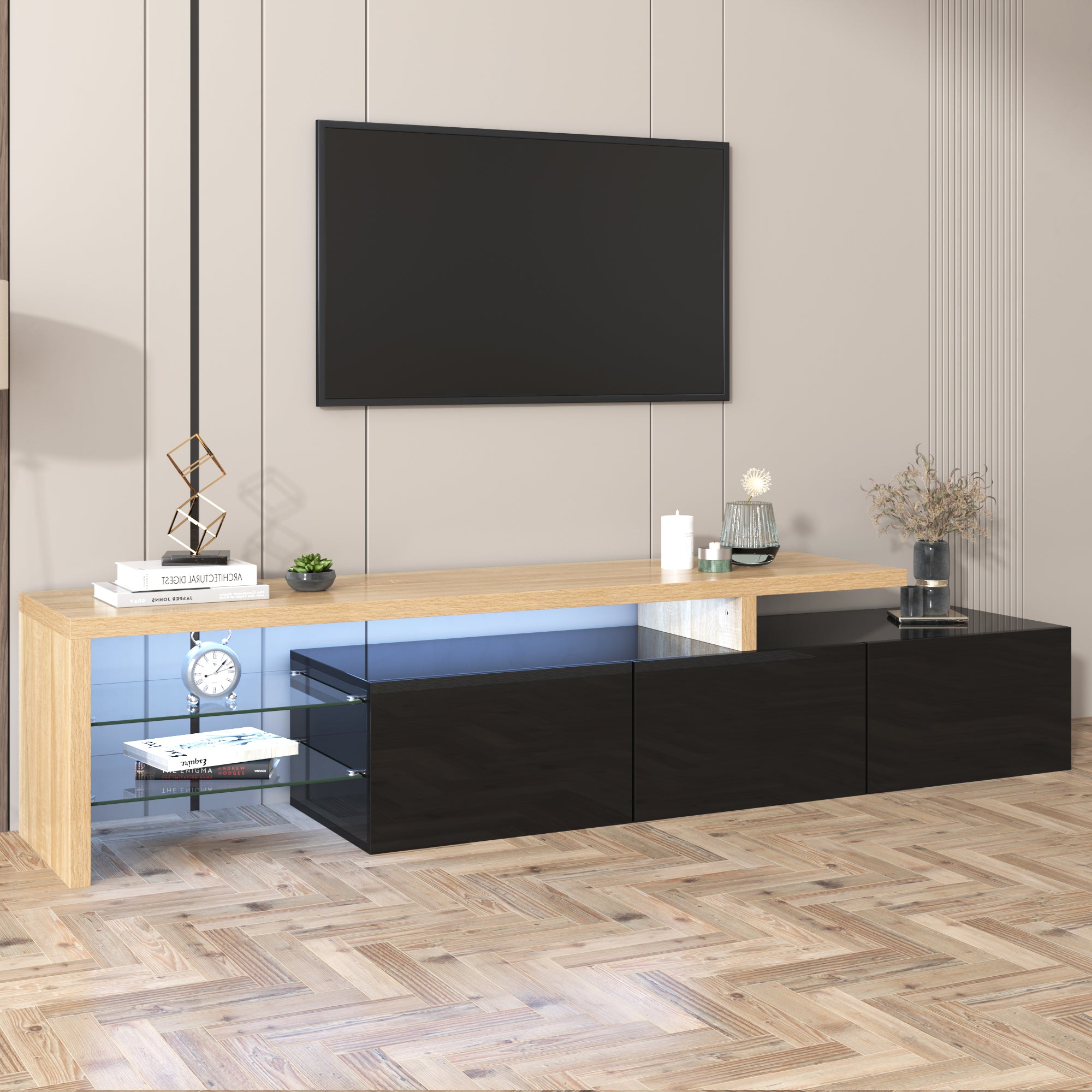 TV Cabinet, Modern Design with Storage, Glass Shelves, High-Gloss Black Wood