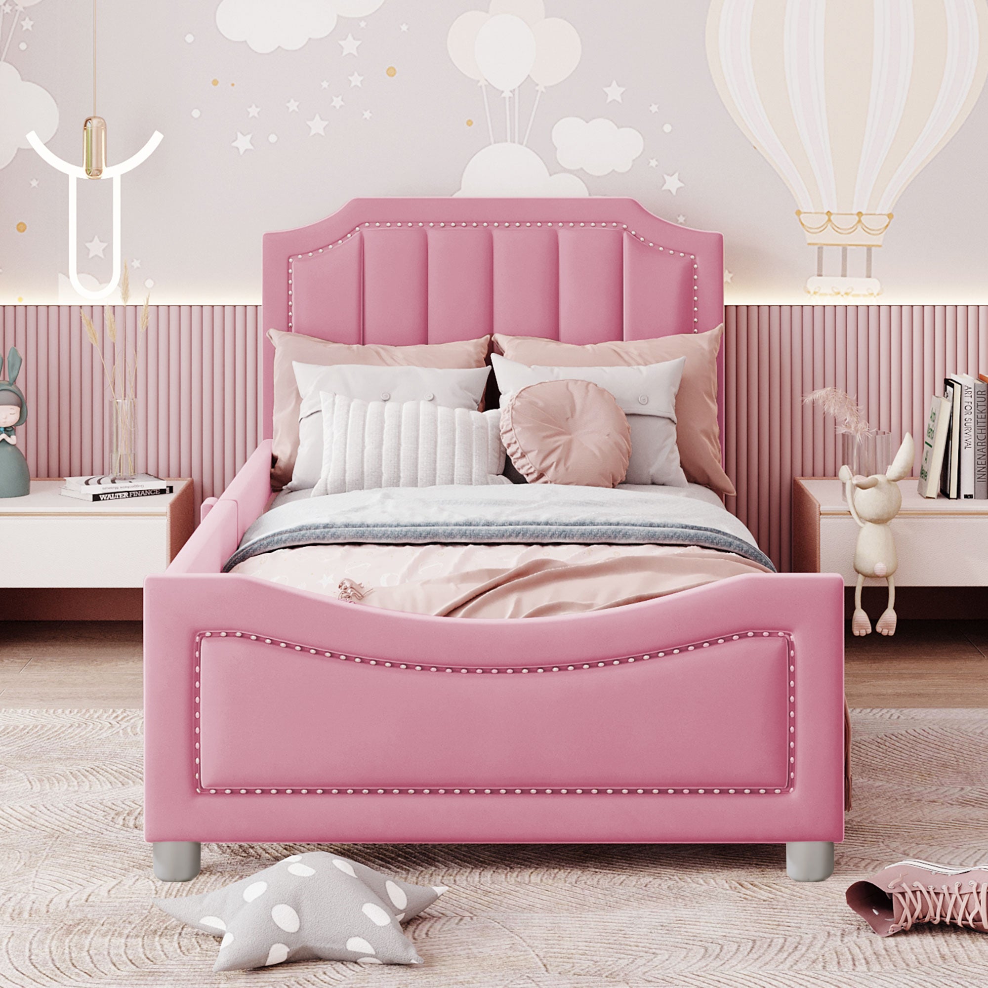 Children's Bed Upholstered Sofa Bed 90*200cm, Flannel, Pink