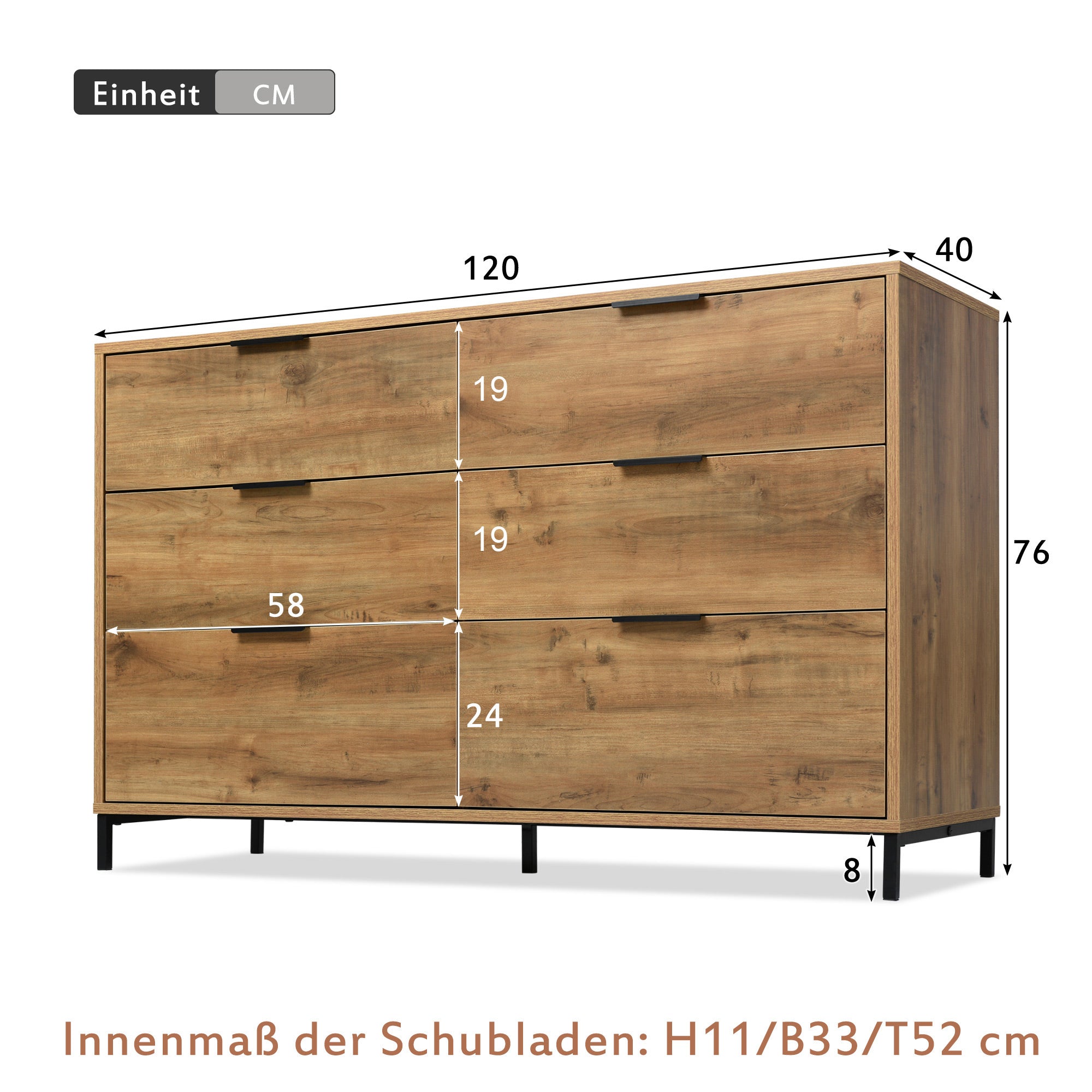 Chest of Drawers Sideboard, 6 Drawers 120x40x76cm Highboard, Dark Oak