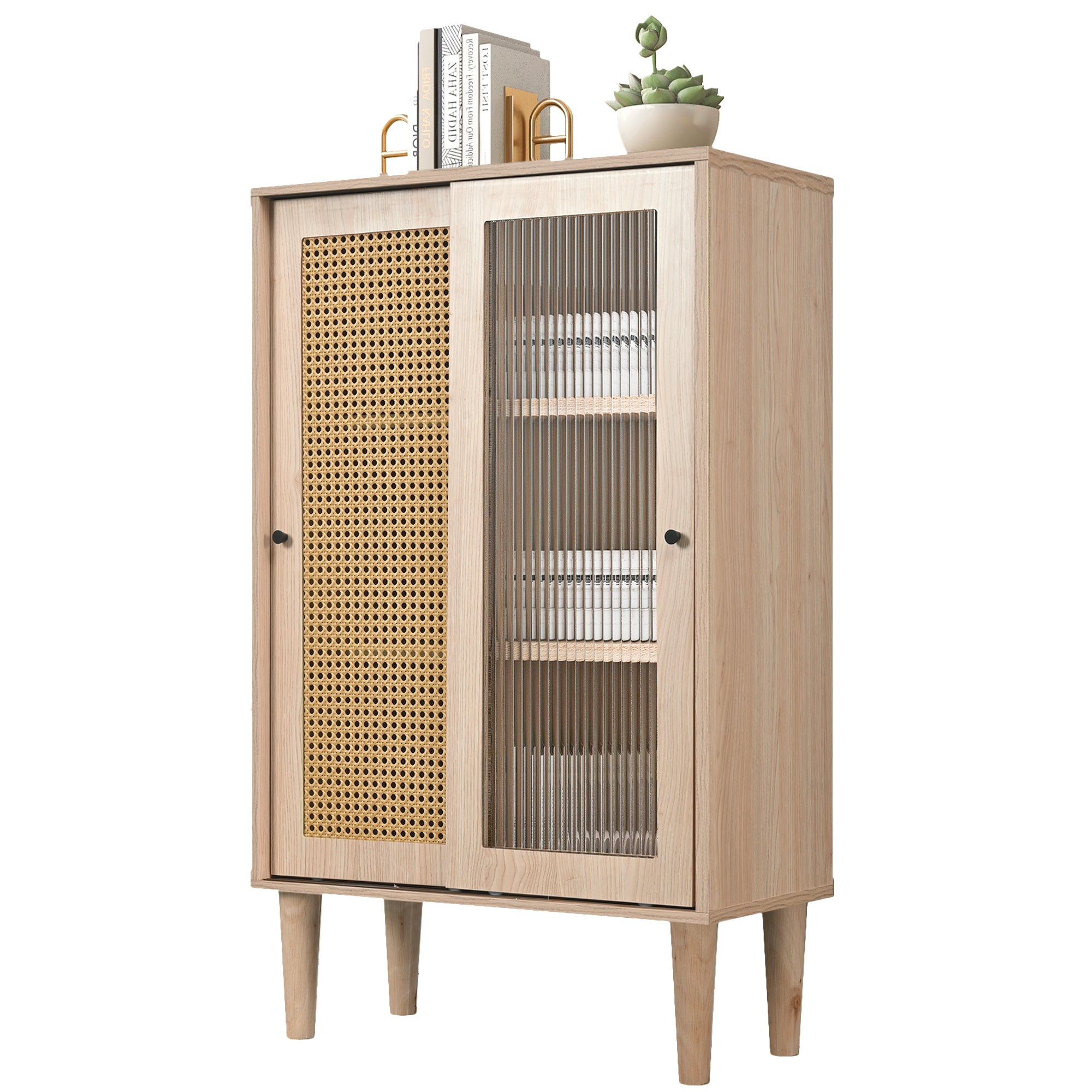 Sideboard, 100cm high, 6 compartments, wood with plastic rattan and glass