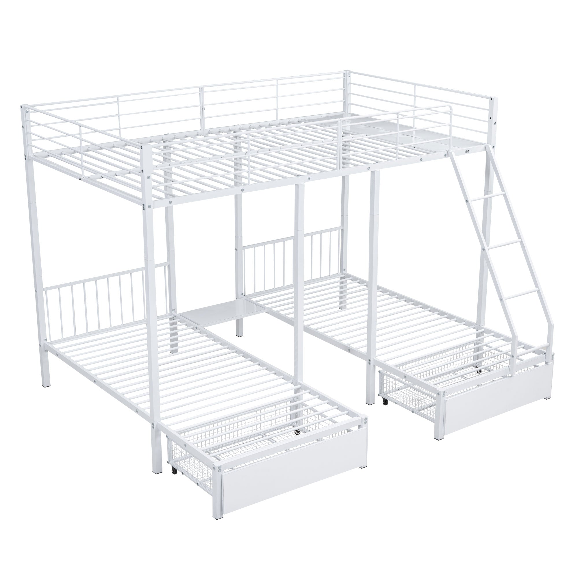 Triple Bunk Bed, Drawers, Convertible to Double & Two Single Beds, Metal Frame, White