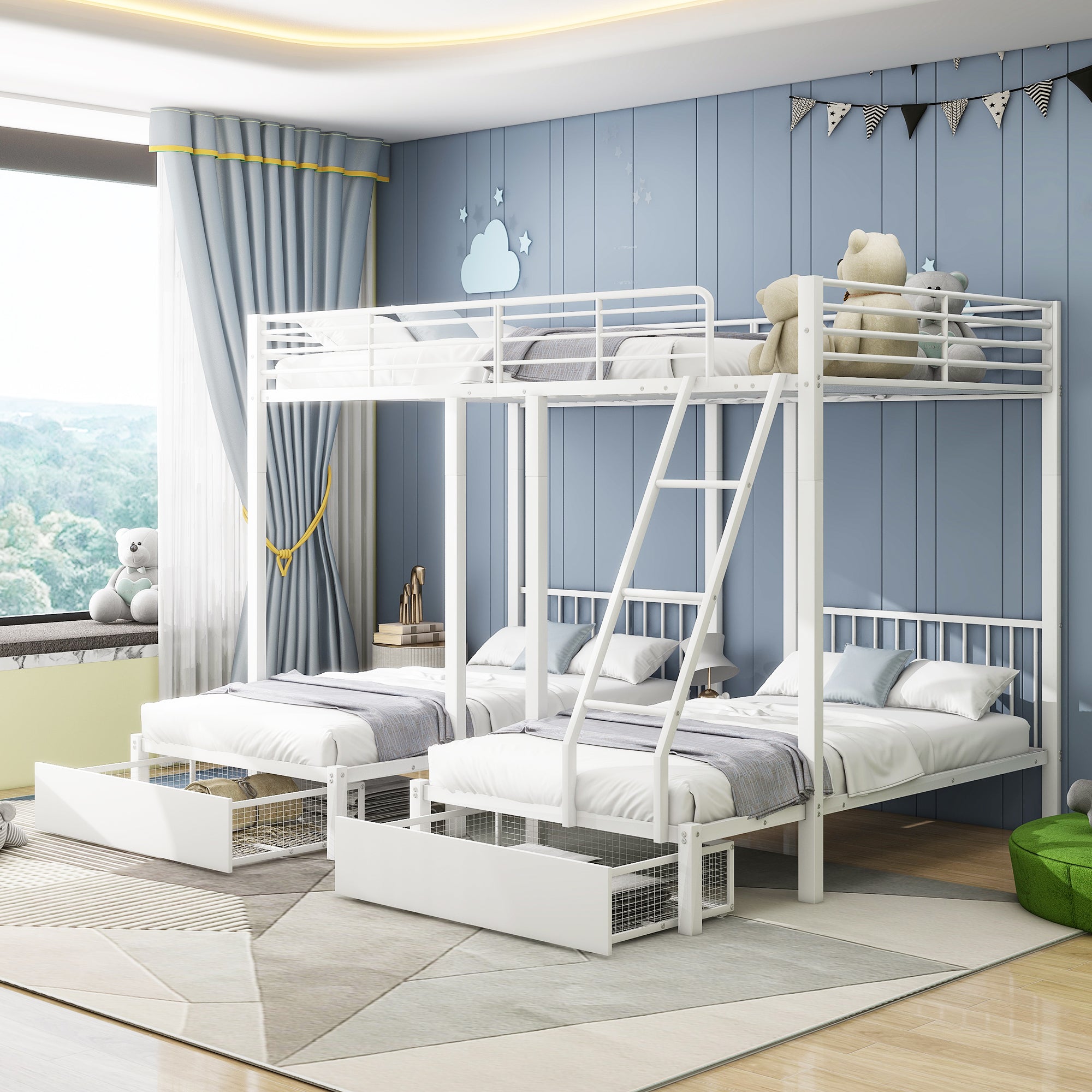 Triple Bunk Bed, Drawers, Convertible to Double & Two Single Beds, Metal Frame, White