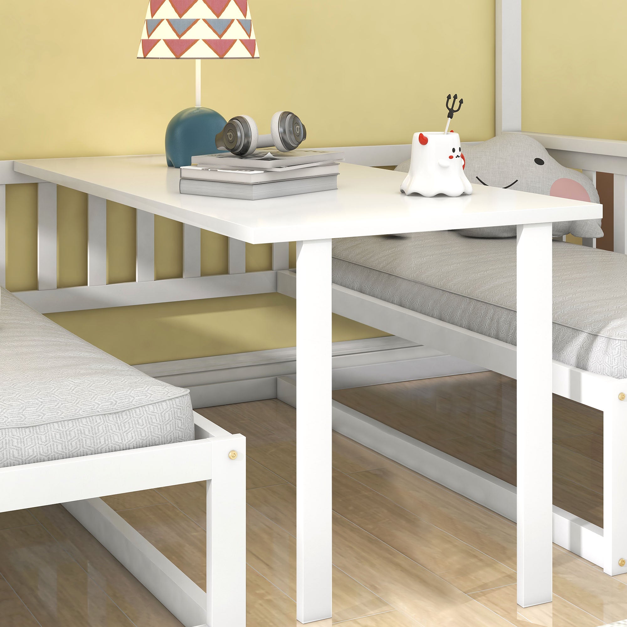 Bunk Bed, Space-Saving with Stairs, Adjustable Table, Wooden Sofa, Pine Wood, White