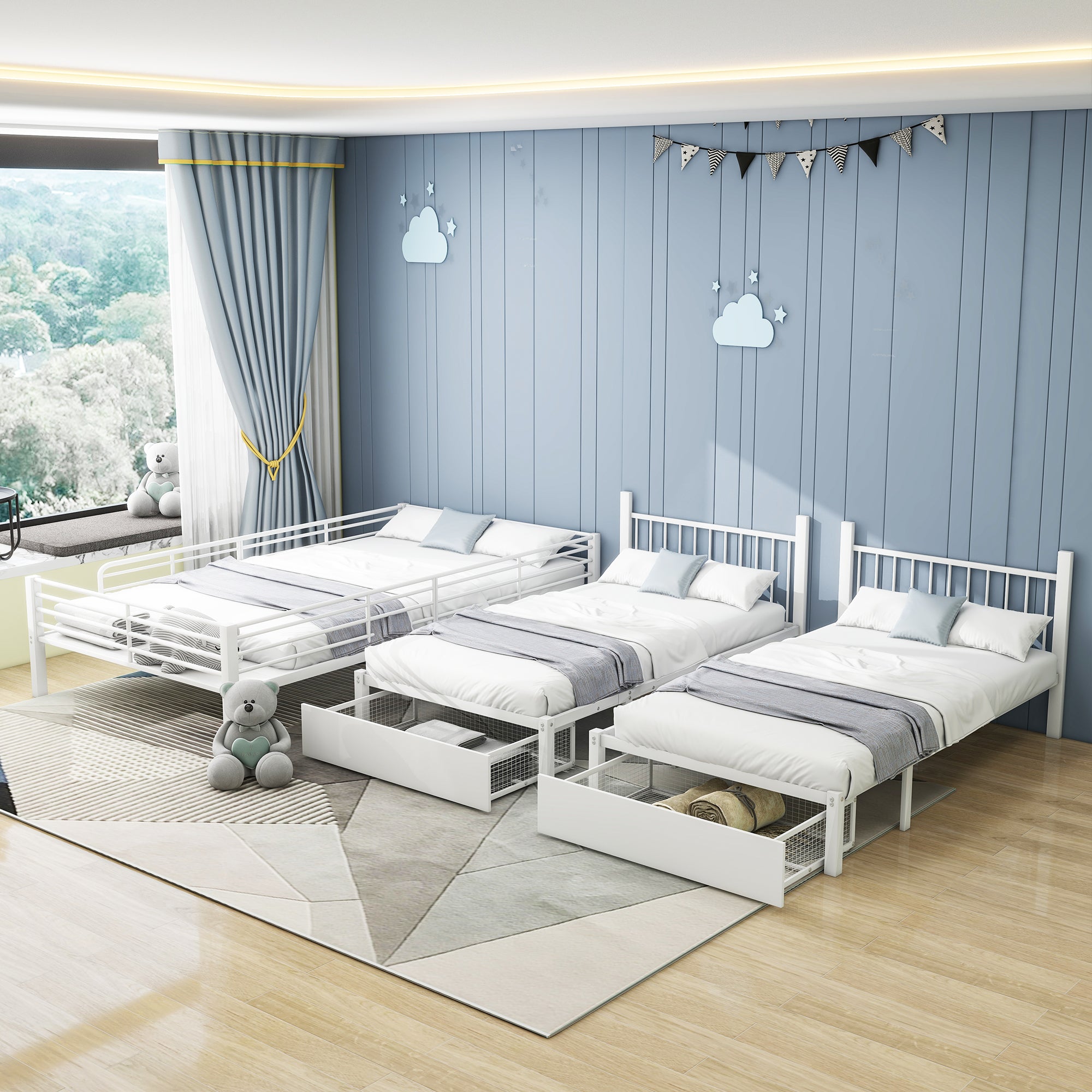 Triple Bunk Bed, Drawers, Convertible to Double & Two Single Beds, Metal Frame, White