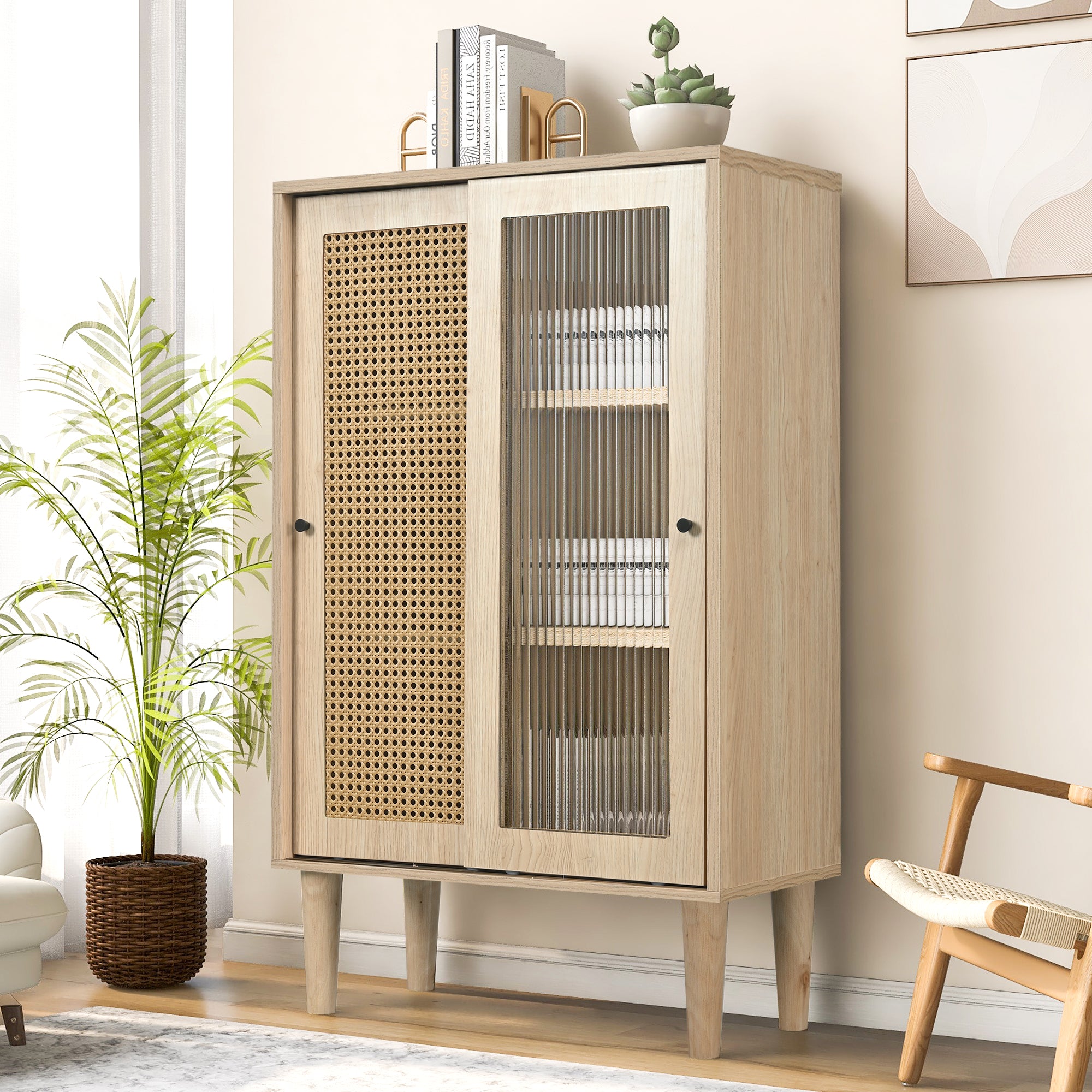 Sideboard, 100cm high, 6 compartments, wood with plastic rattan and glass
