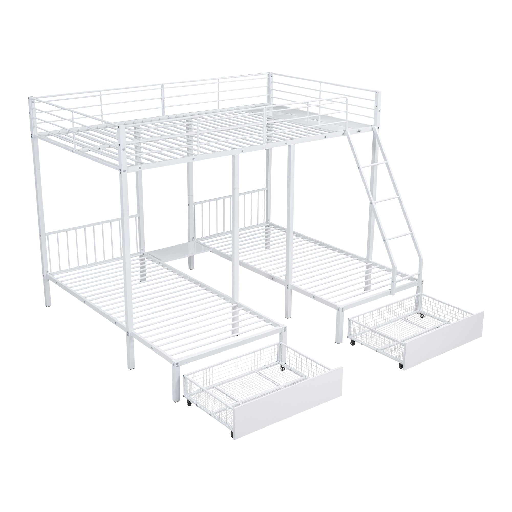 Triple Bunk Bed, Drawers, Convertible to Double & Two Single Beds, Metal Frame, White