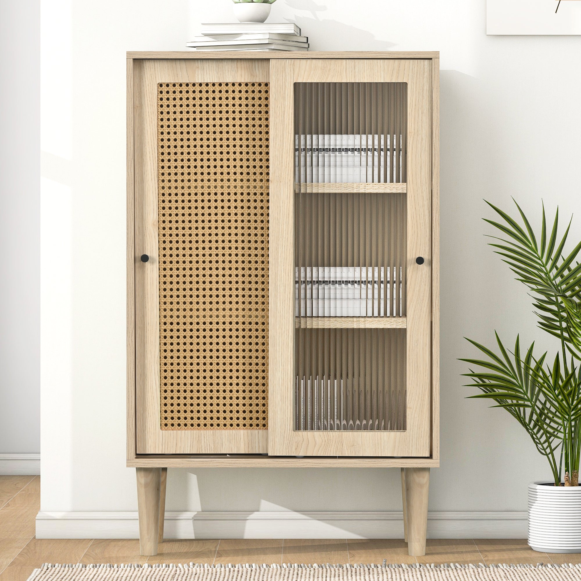 Sideboard, 100cm high, 6 compartments, wood with plastic rattan and glass