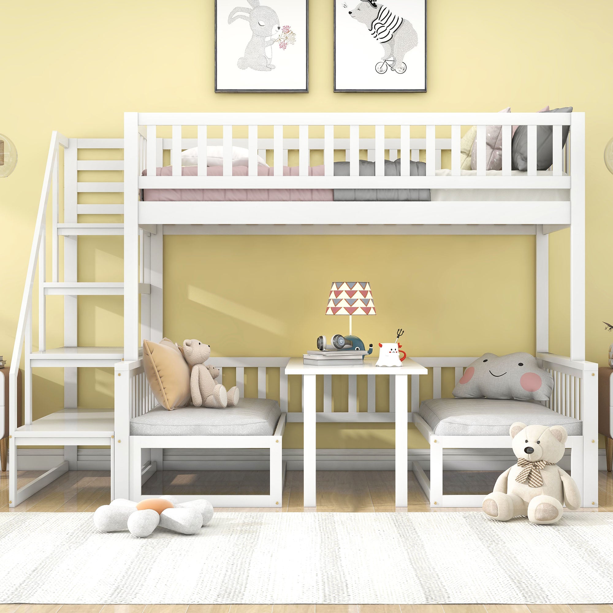 Bunk Bed, Space-Saving with Stairs, Adjustable Table, Wooden Sofa, Pine Wood, White