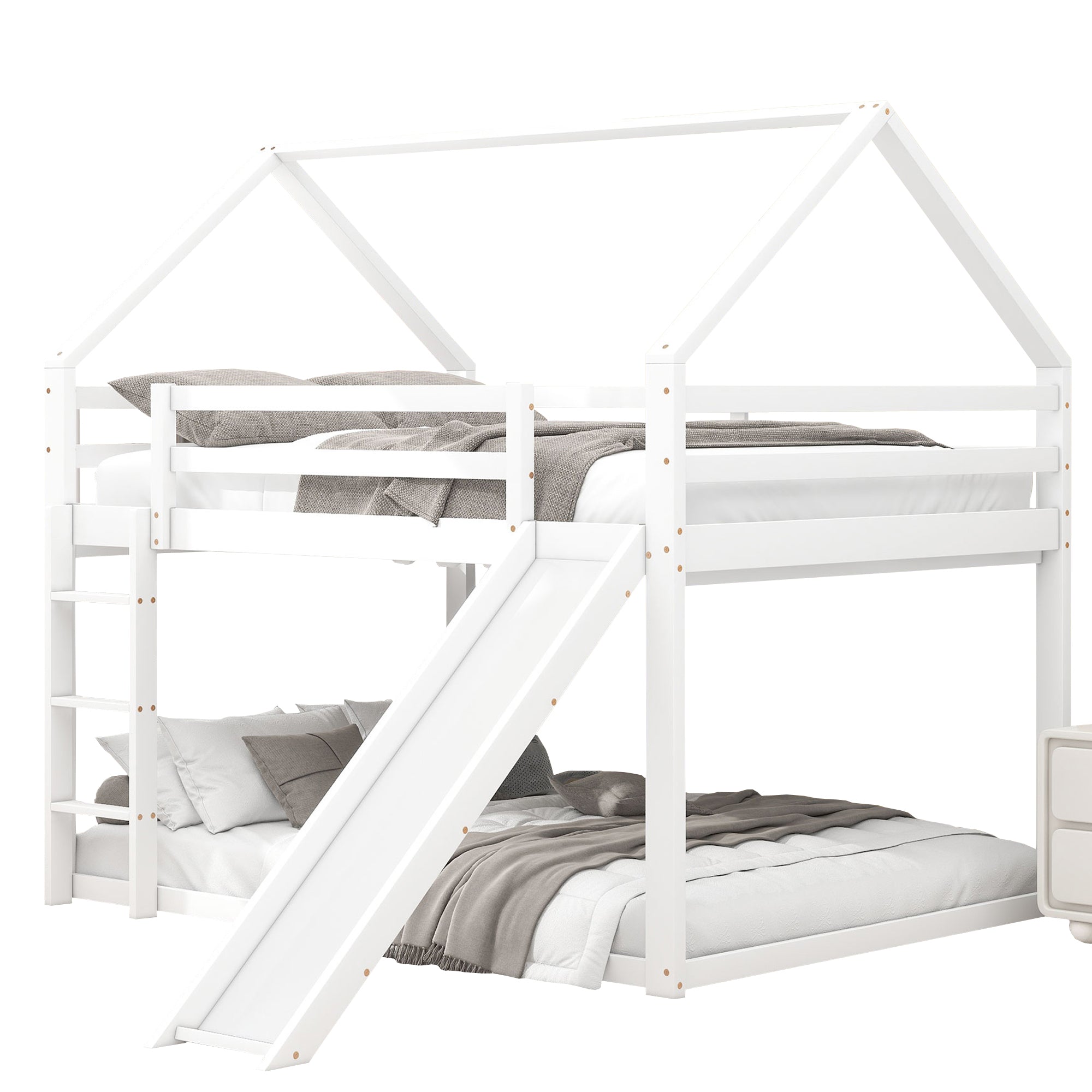 House Bunk Bed 140x200cm Double with Slide & Ladder - White