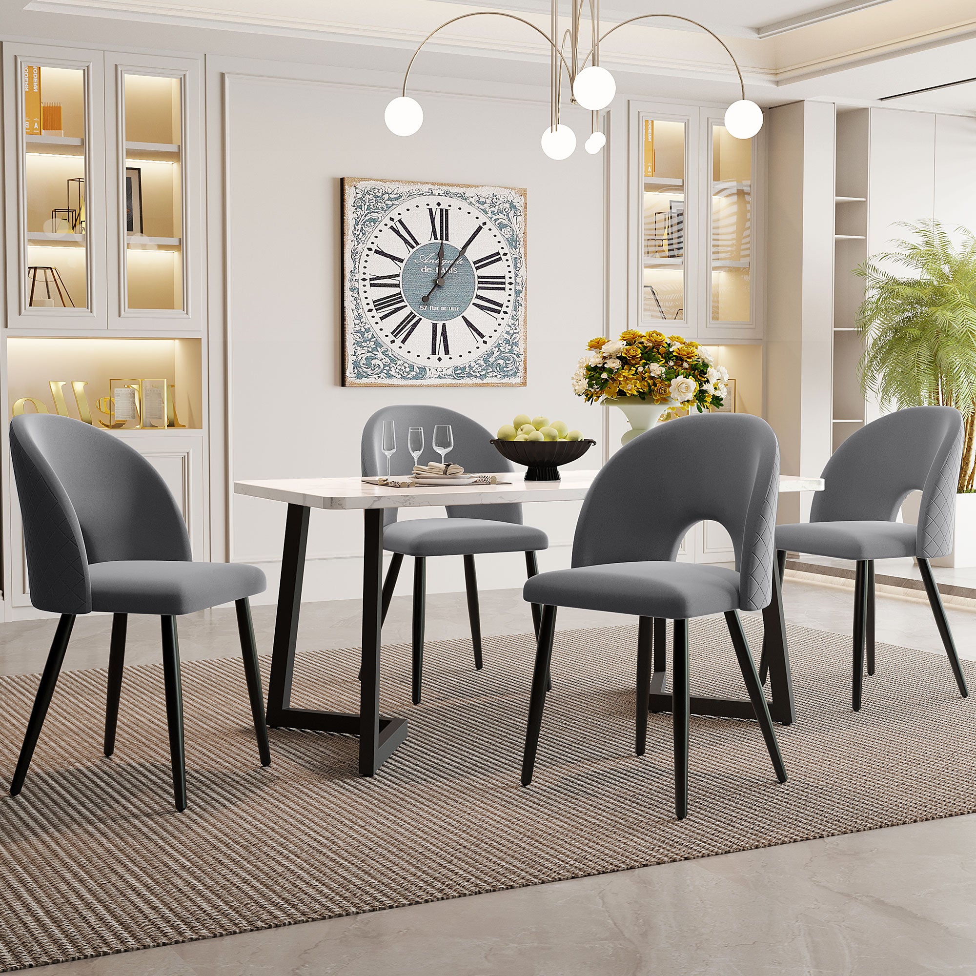 Dining Set (117x68cm Table & 4 Chairs), Rectangular Modern Kitchen Table, Velvet Diamond Pattern Chairs, Grey Velvet/Black Legs