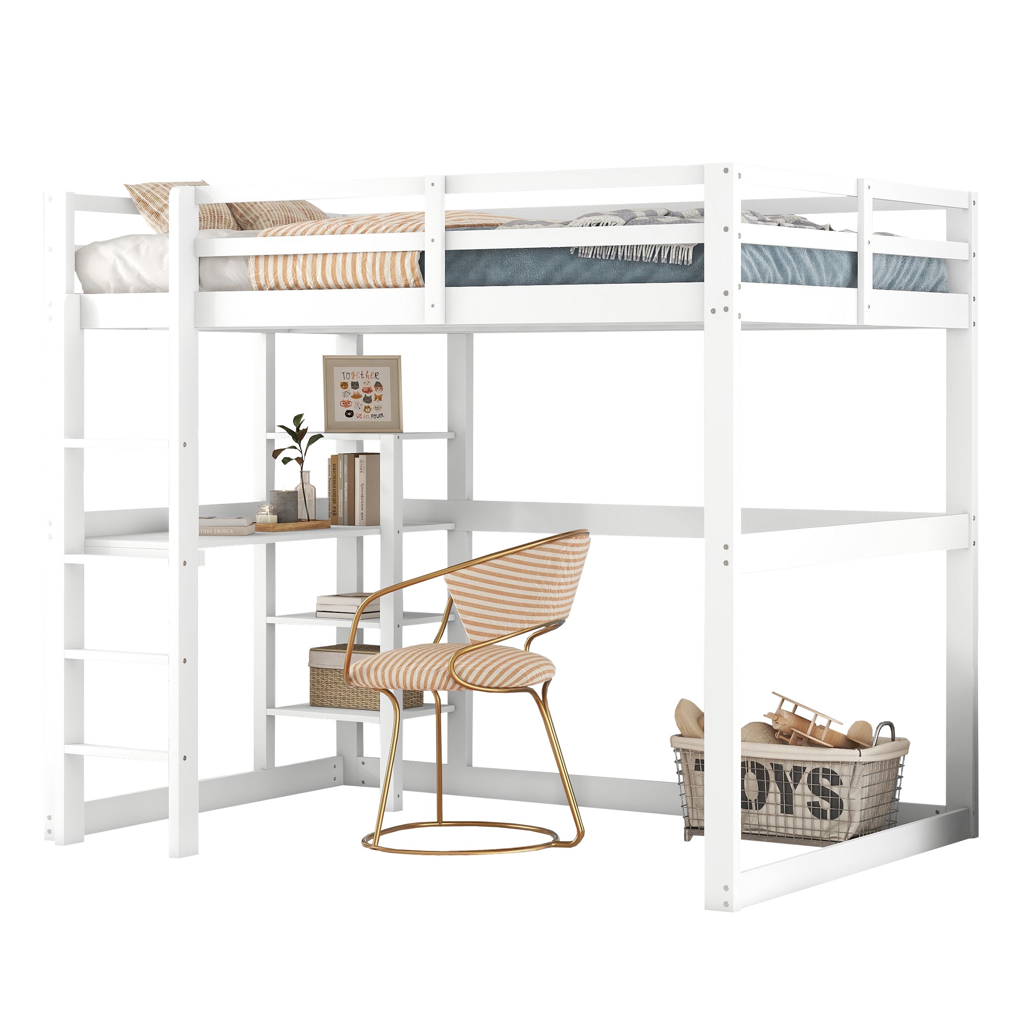 Children's Bunk Bed Frame, Pine Storage Bed with Desk & 4 Compartments, White