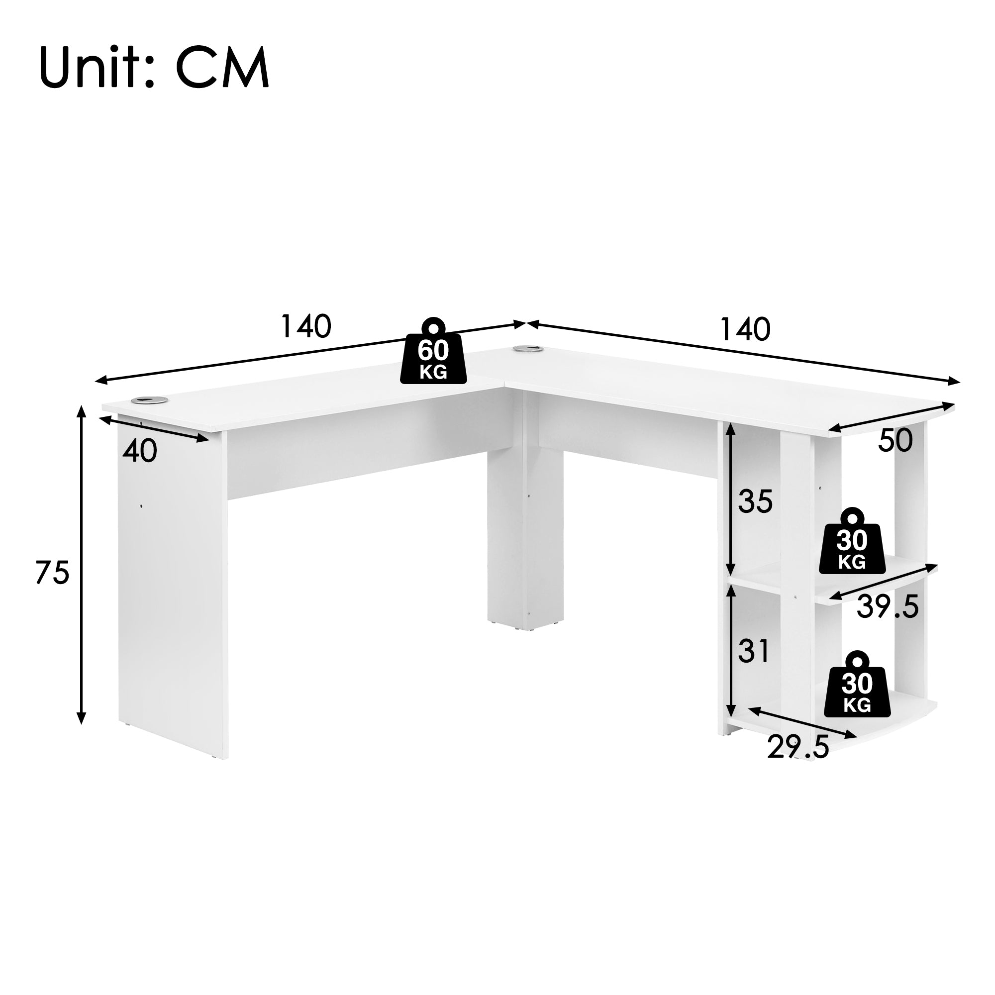Corner Desk 140cm L-shaped with 2 Shelves, White