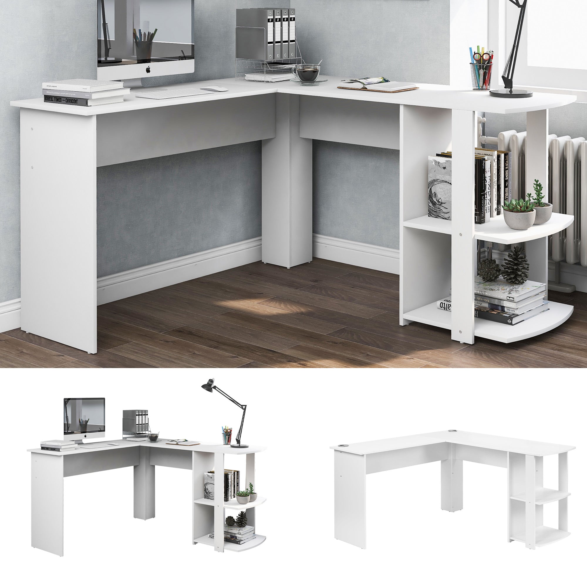 Corner Desk 140cm L-shaped with 2 Shelves, White