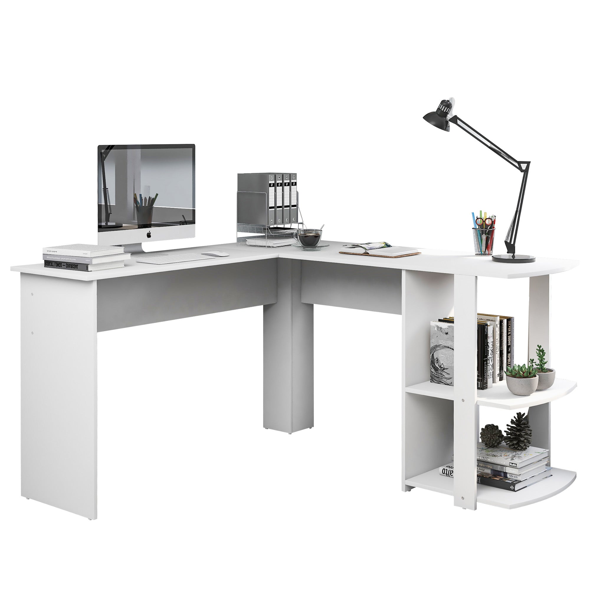 Corner Desk 140cm L-shaped with 2 Shelves, White
