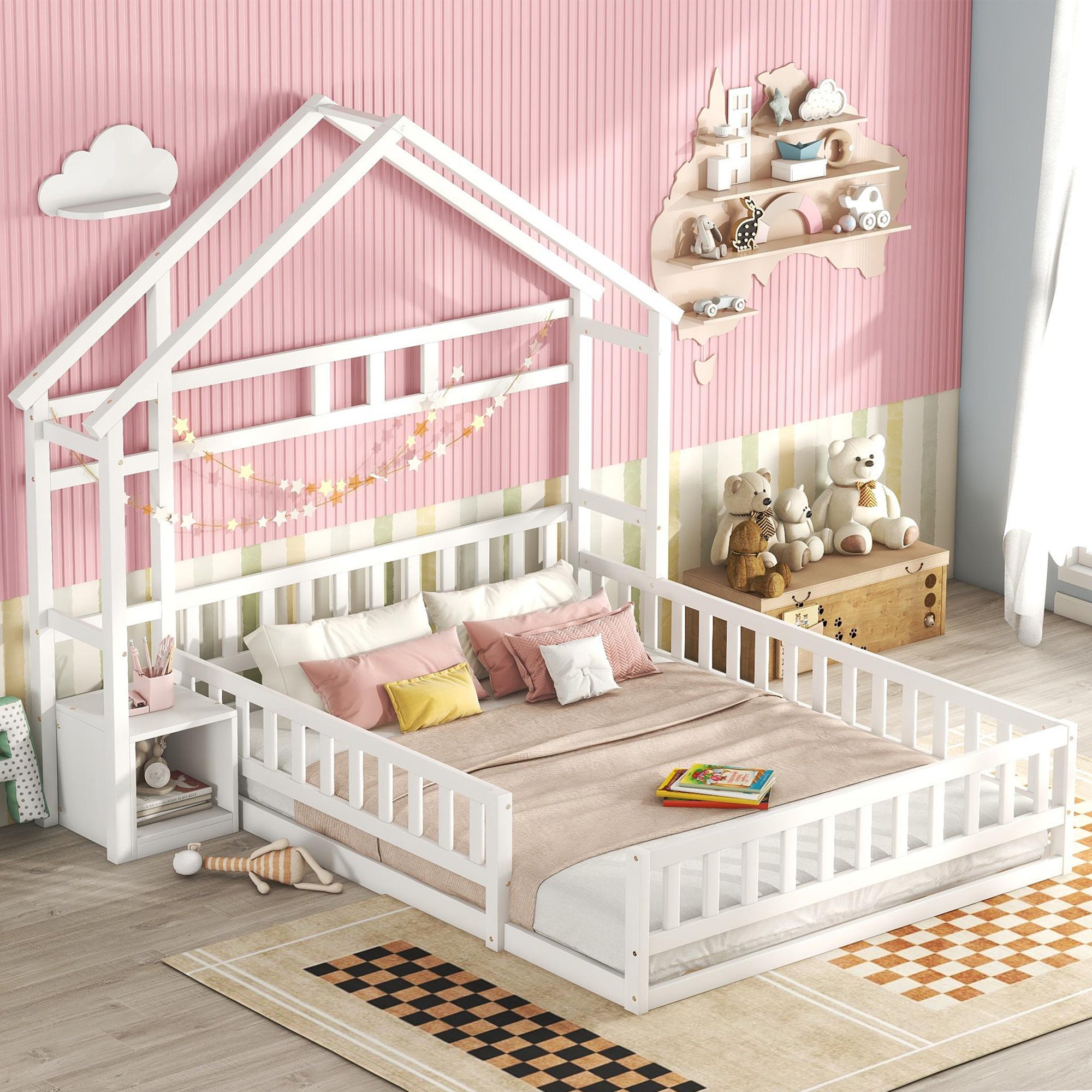 Children's House Bed 140x200cm with Railing & Bedside Tables - White