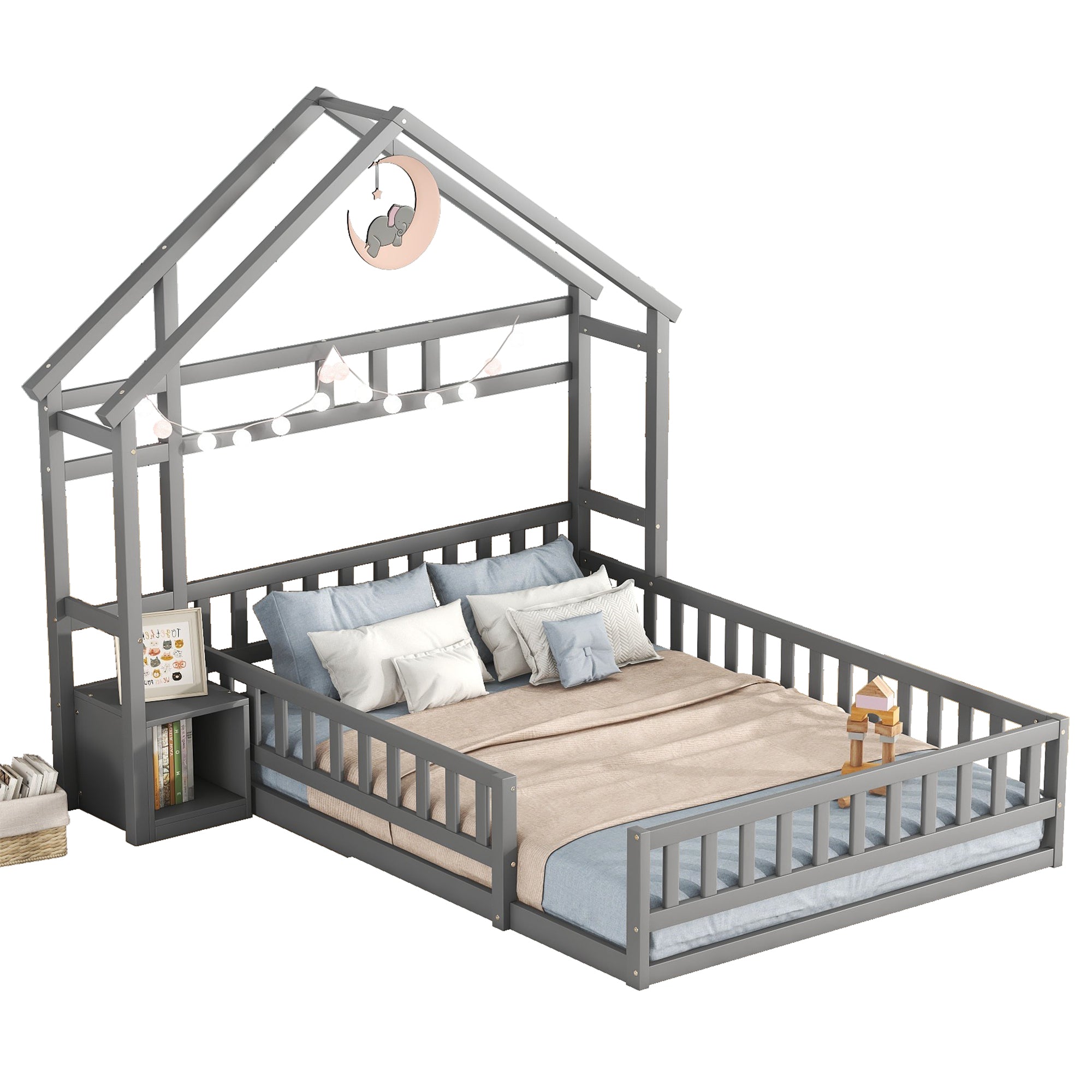 Children's Bed 140x190cm House Bed with Railings and Bedside Table, Grey