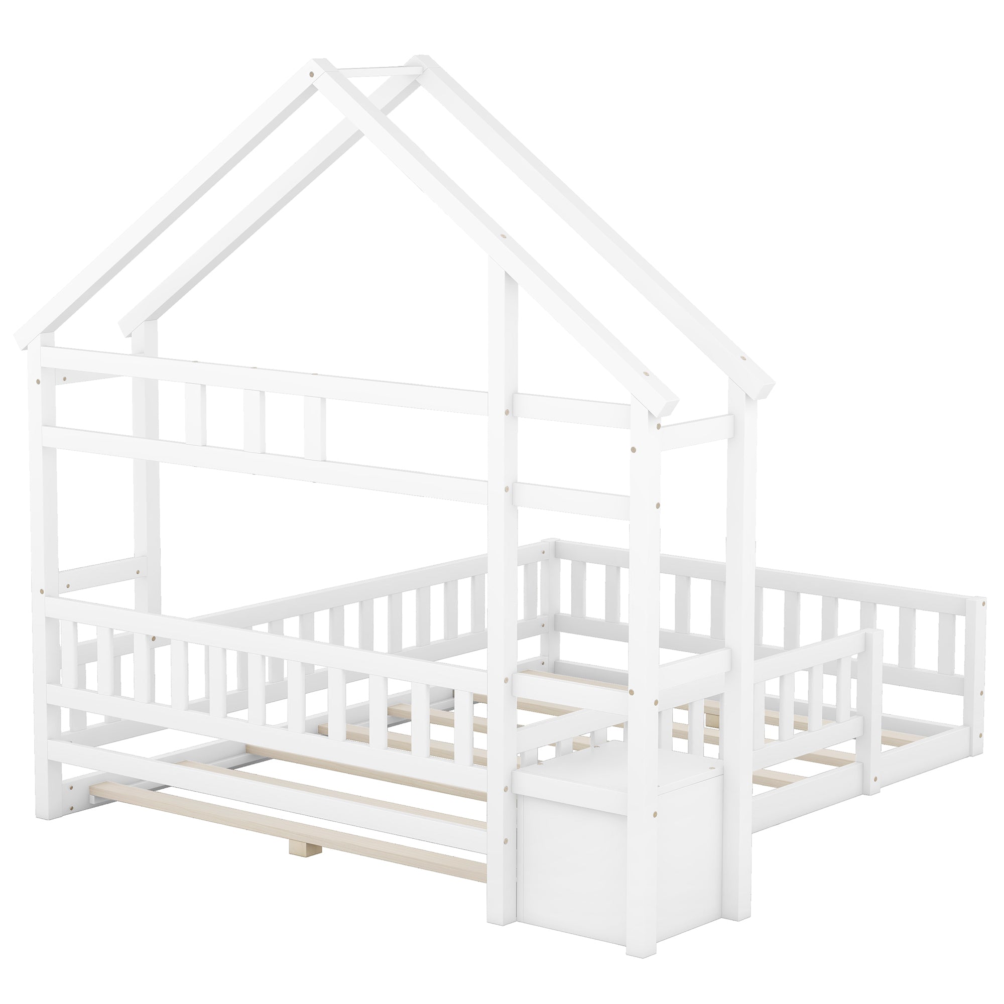 Children's Bed, House Bed with Guardrails & Nightstands, 140x200cm, White