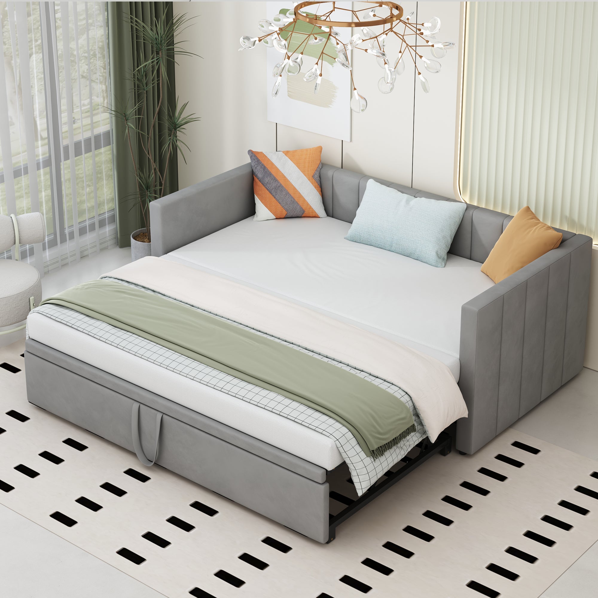 Upholstered Bed, Pull-Out Sofa Bed 90/180*200 cm with Slatted Frames, Skin-Friendly Velvet Fabric, Gray