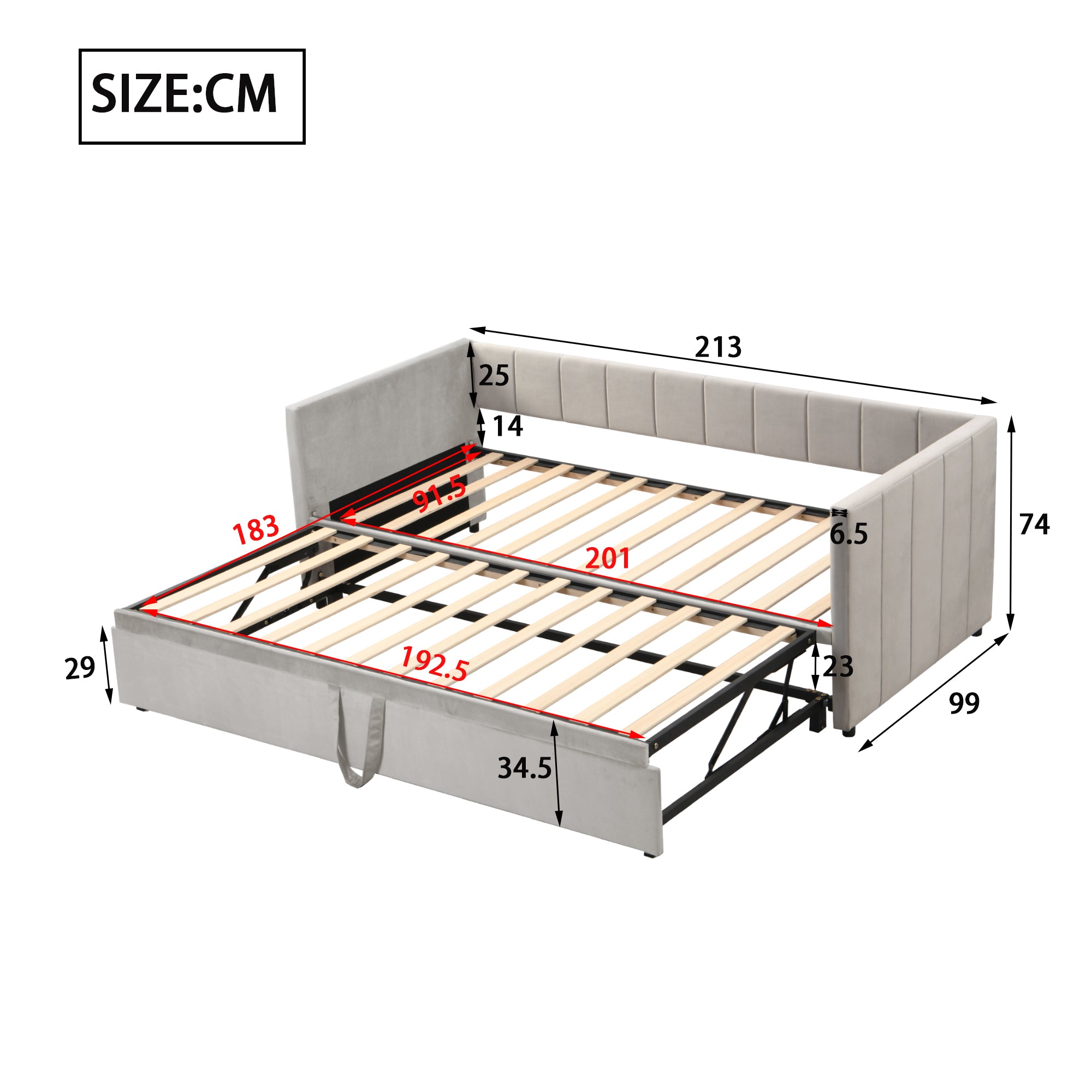 Upholstered Bed, Pull-Out Sofa Bed 90/180*200 cm with Slatted Frames, Skin-Friendly Velvet Fabric, Gray