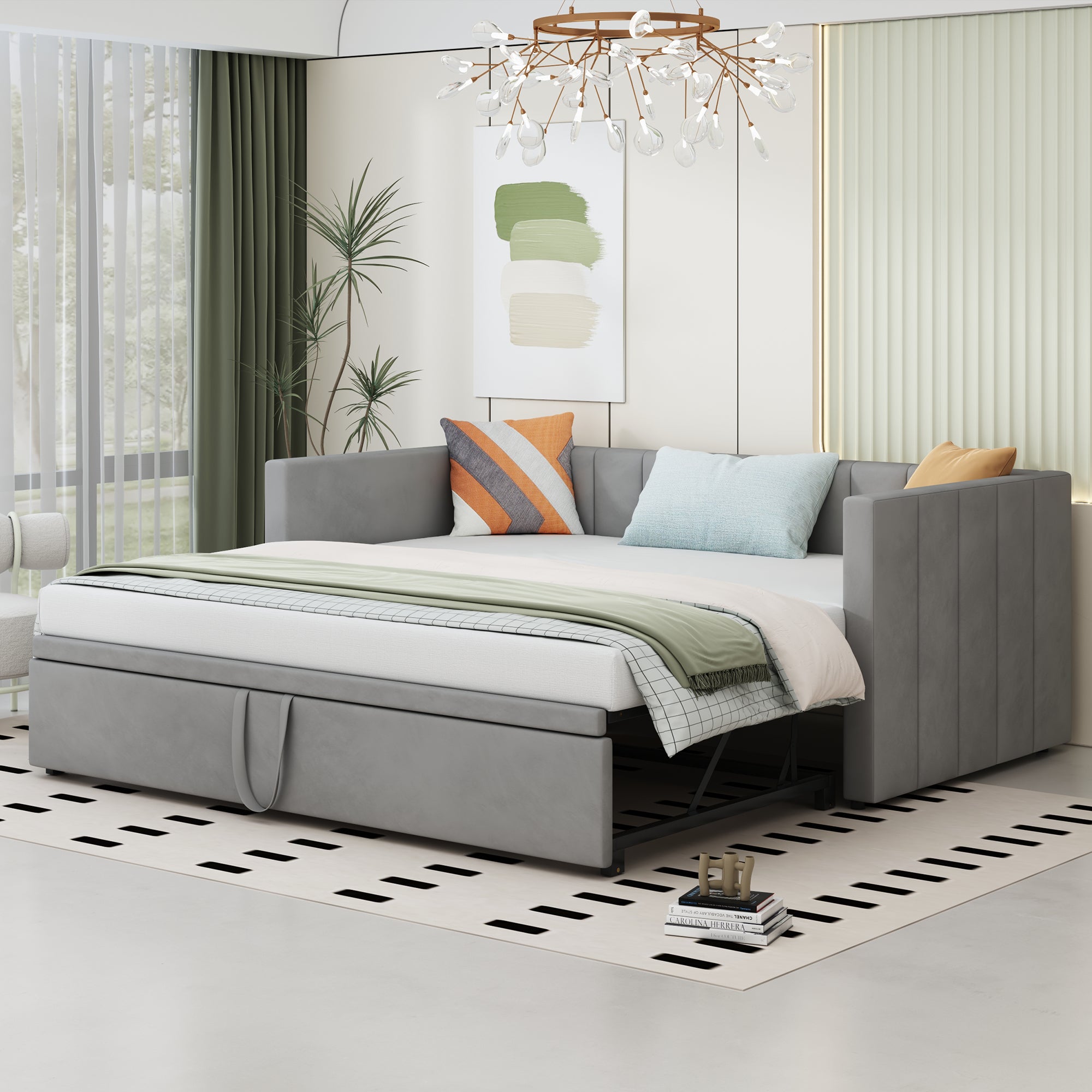 Upholstered Bed, Pull-Out Sofa Bed 90/180*200 cm with Slatted Frames, Skin-Friendly Velvet Fabric, Gray