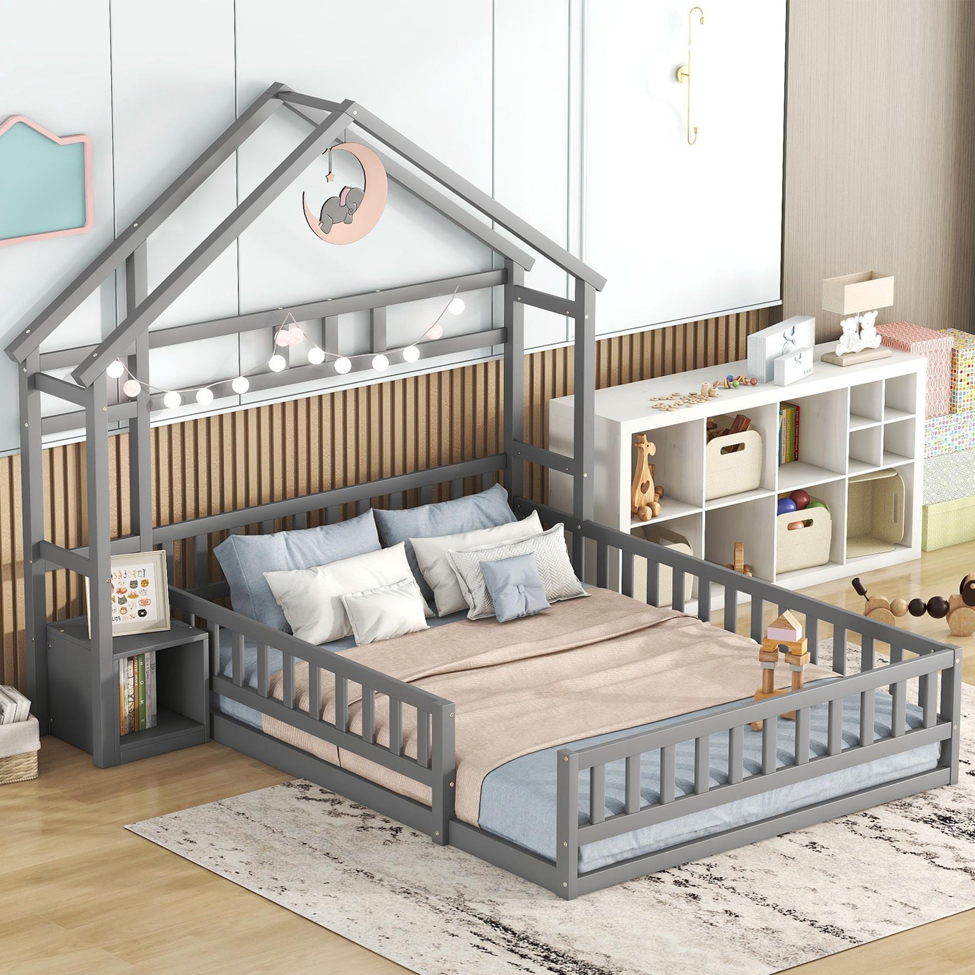 Children's Bed 140x190cm House Bed with Railings and Bedside Table, Grey