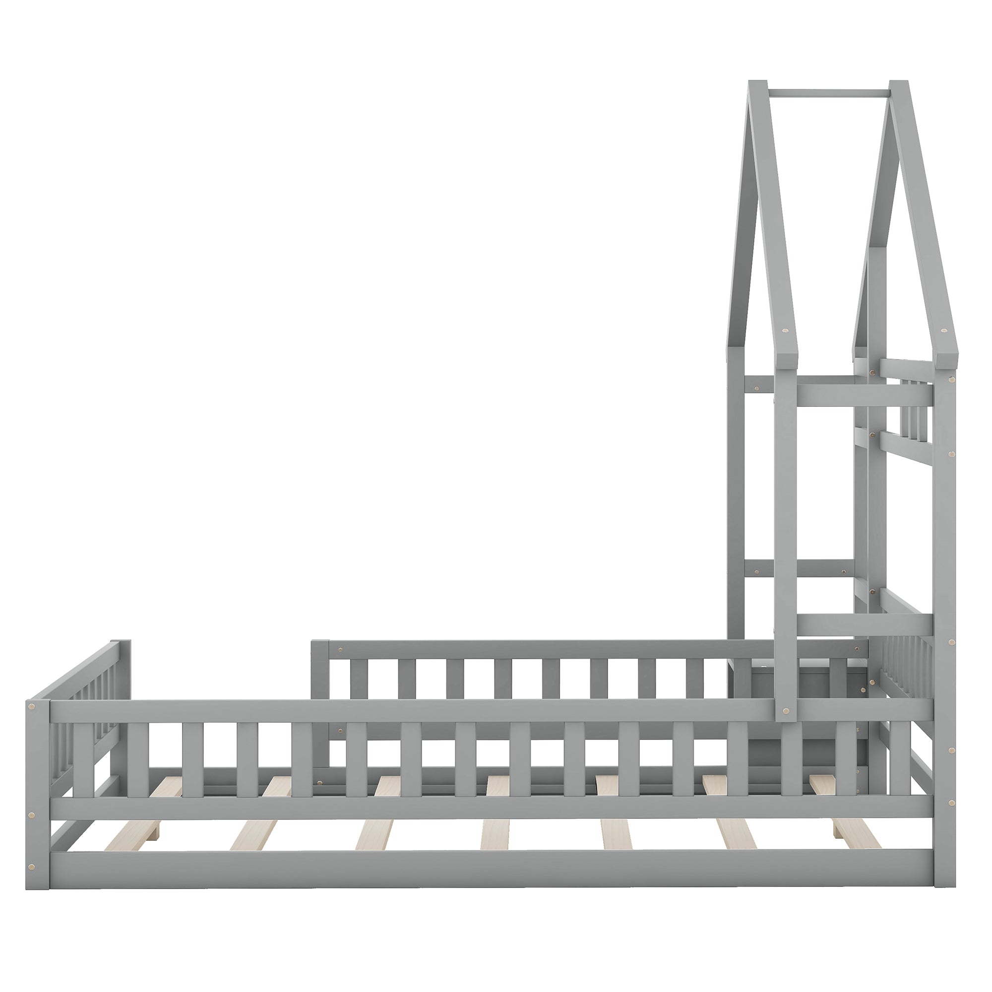 Children's Bed 140x190cm House Bed with Railings and Bedside Table, Grey