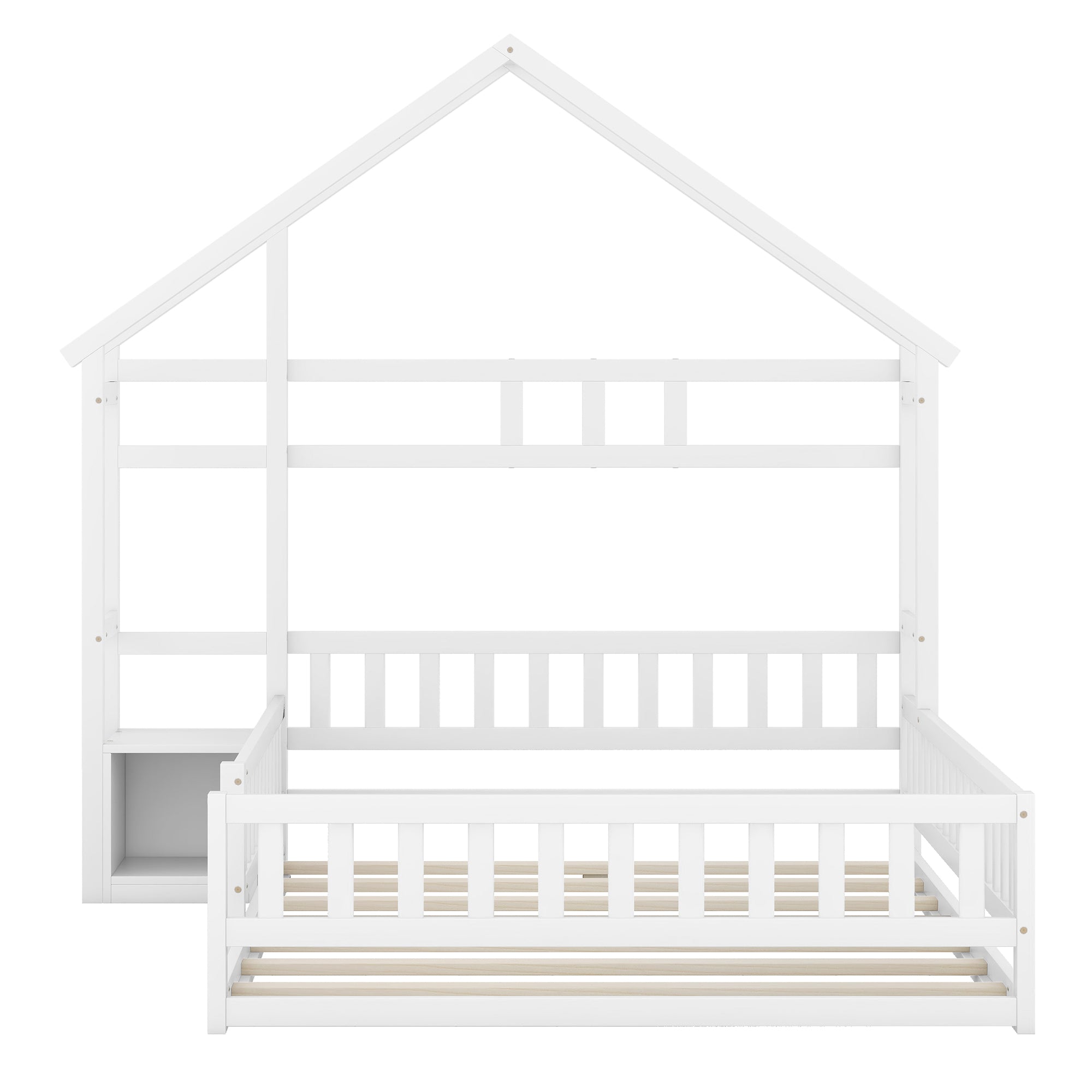 Children's Bed, House Bed with Guardrails & Nightstands, 140x200cm, White