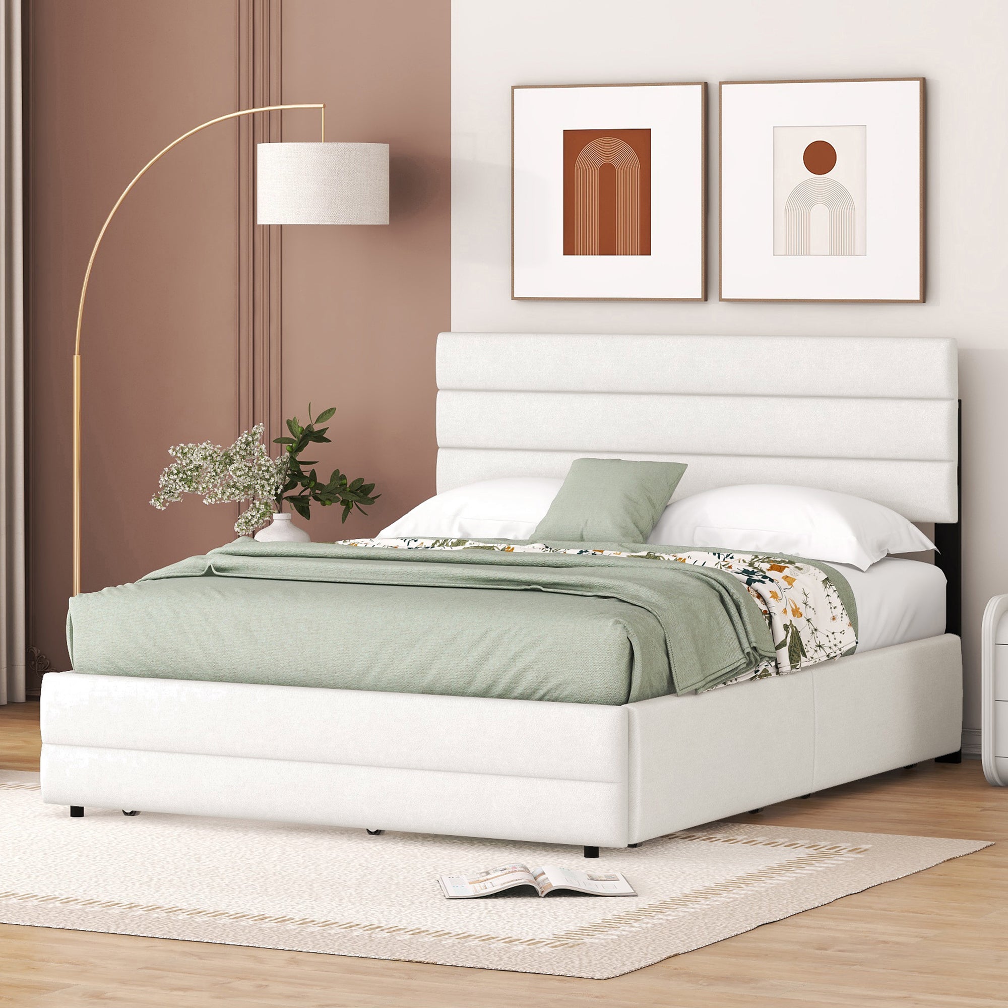 140 x 200 Platform Bed with Storage Unit and Two Drawers, Beige