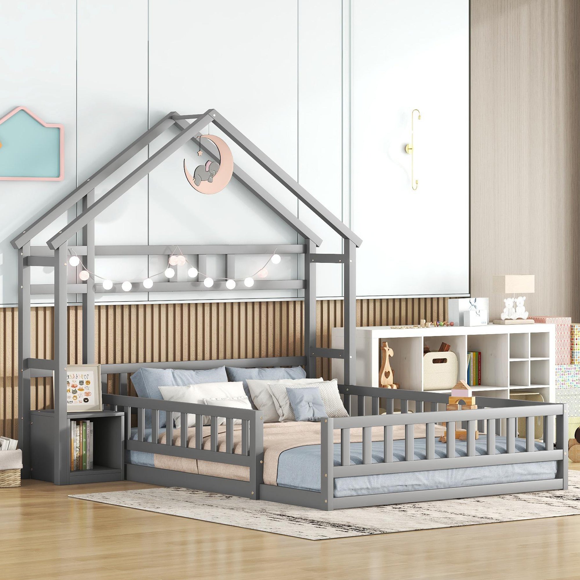 Children's Bed 140x190cm House Bed with Railings and Bedside Table, Grey