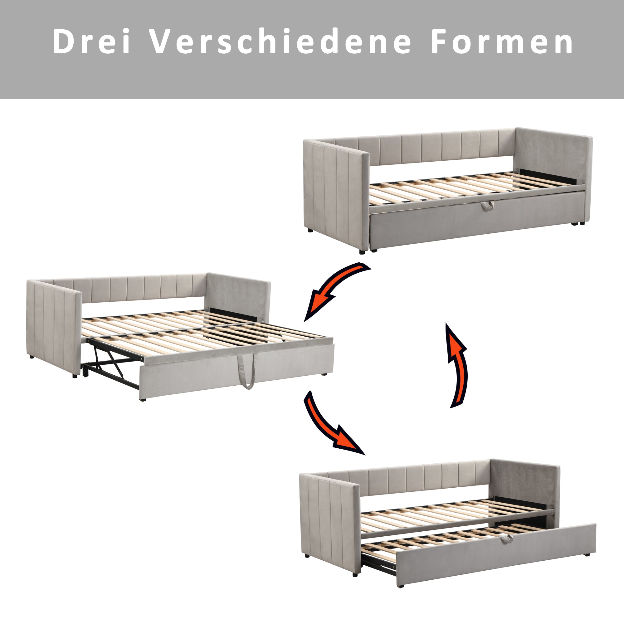 Upholstered Bed, Pull-Out Sofa Bed 90/180*200 cm with Slatted Frames, Skin-Friendly Velvet Fabric, Gray