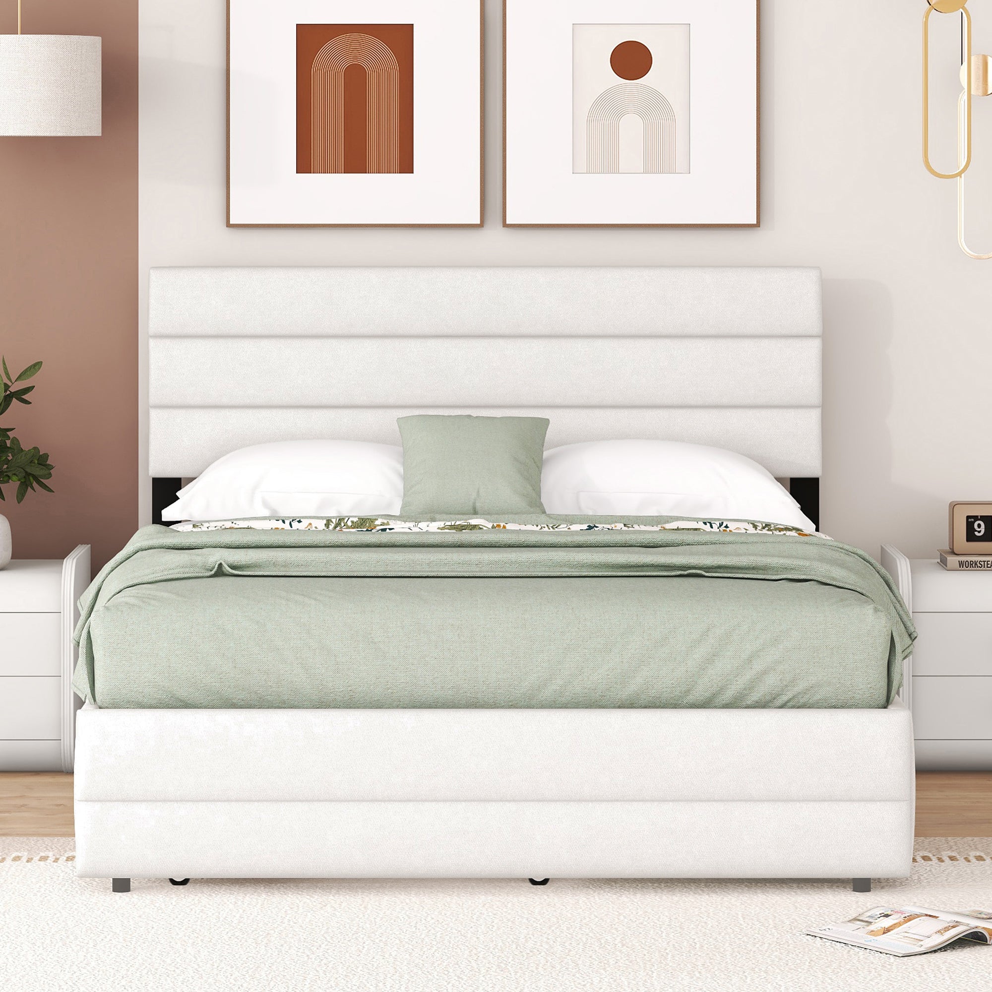 140 x 200 Platform Bed with Storage Unit and Two Drawers, Beige