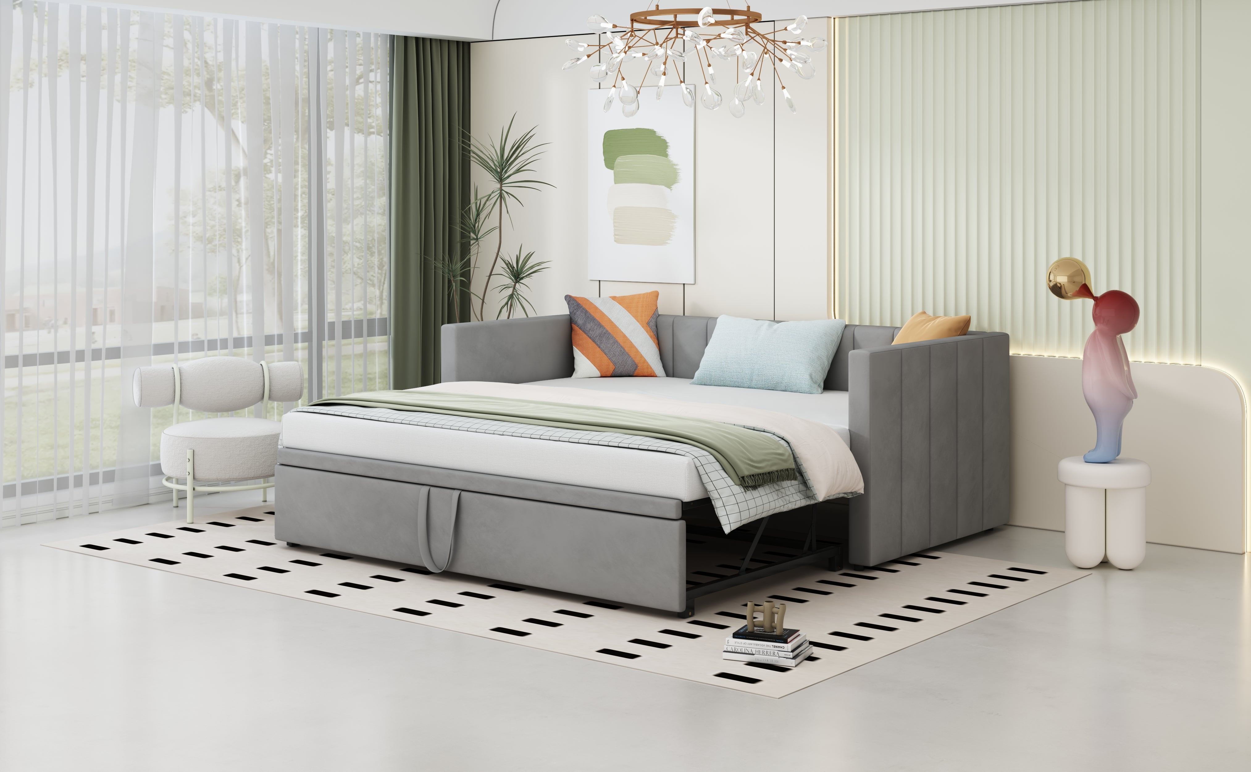 Upholstered Bed, Pull-Out Sofa Bed 90/180*200 cm with Slatted Frames, Skin-Friendly Velvet Fabric, Gray