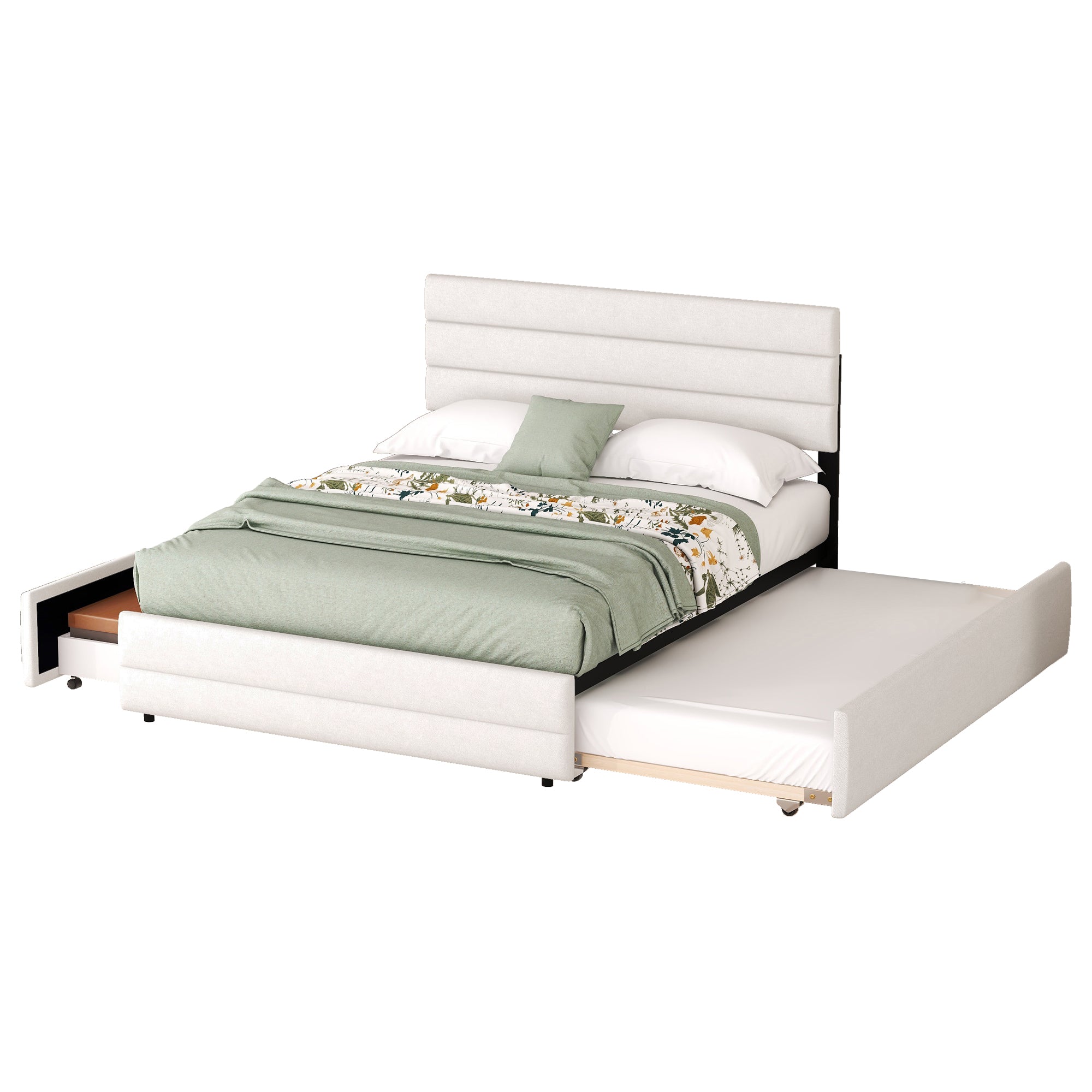 140 x 200 Platform Bed with Storage Unit and Two Drawers, Beige
