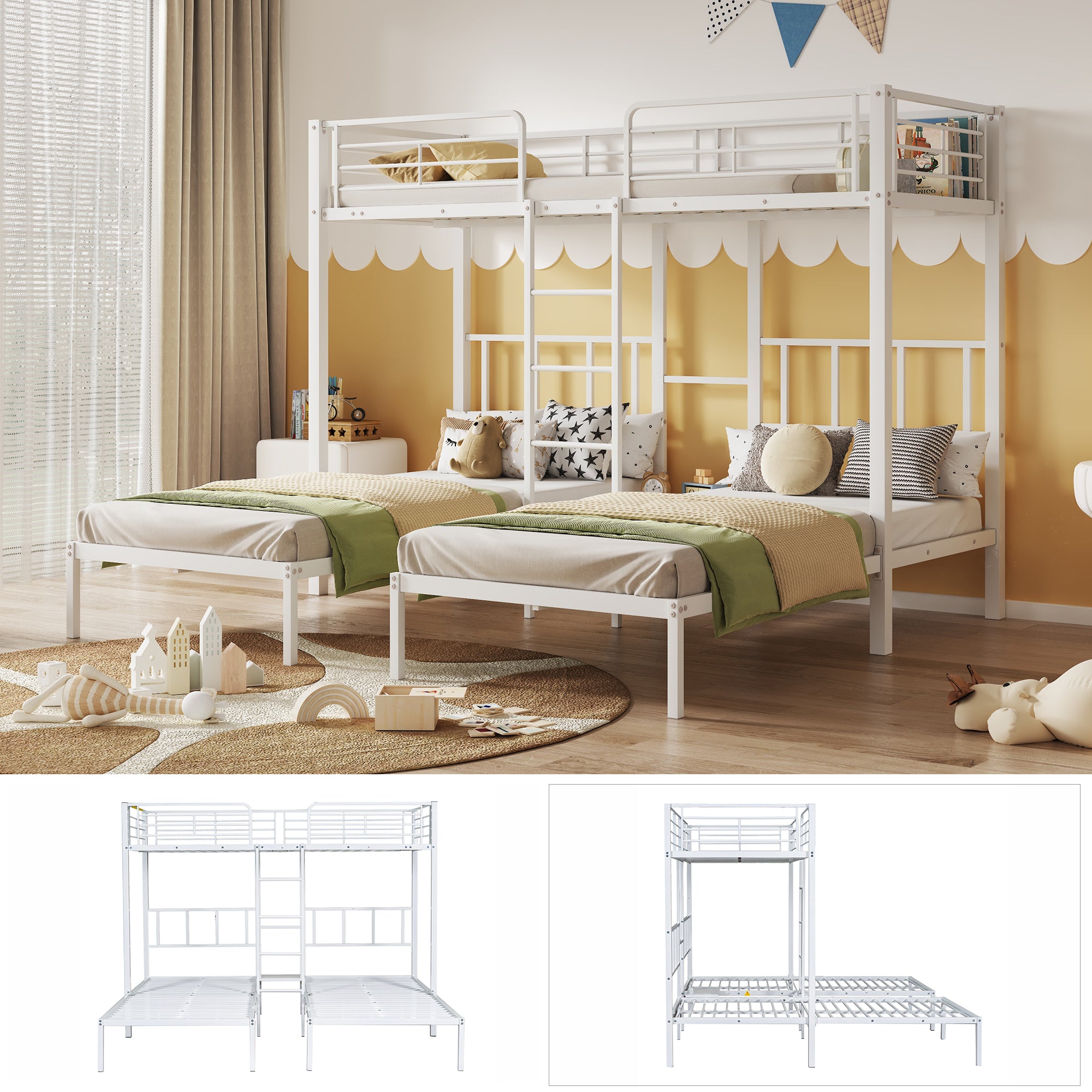 Triple Bed, Bunk Bed with Ladder, Safety Rail & Table, Iron White