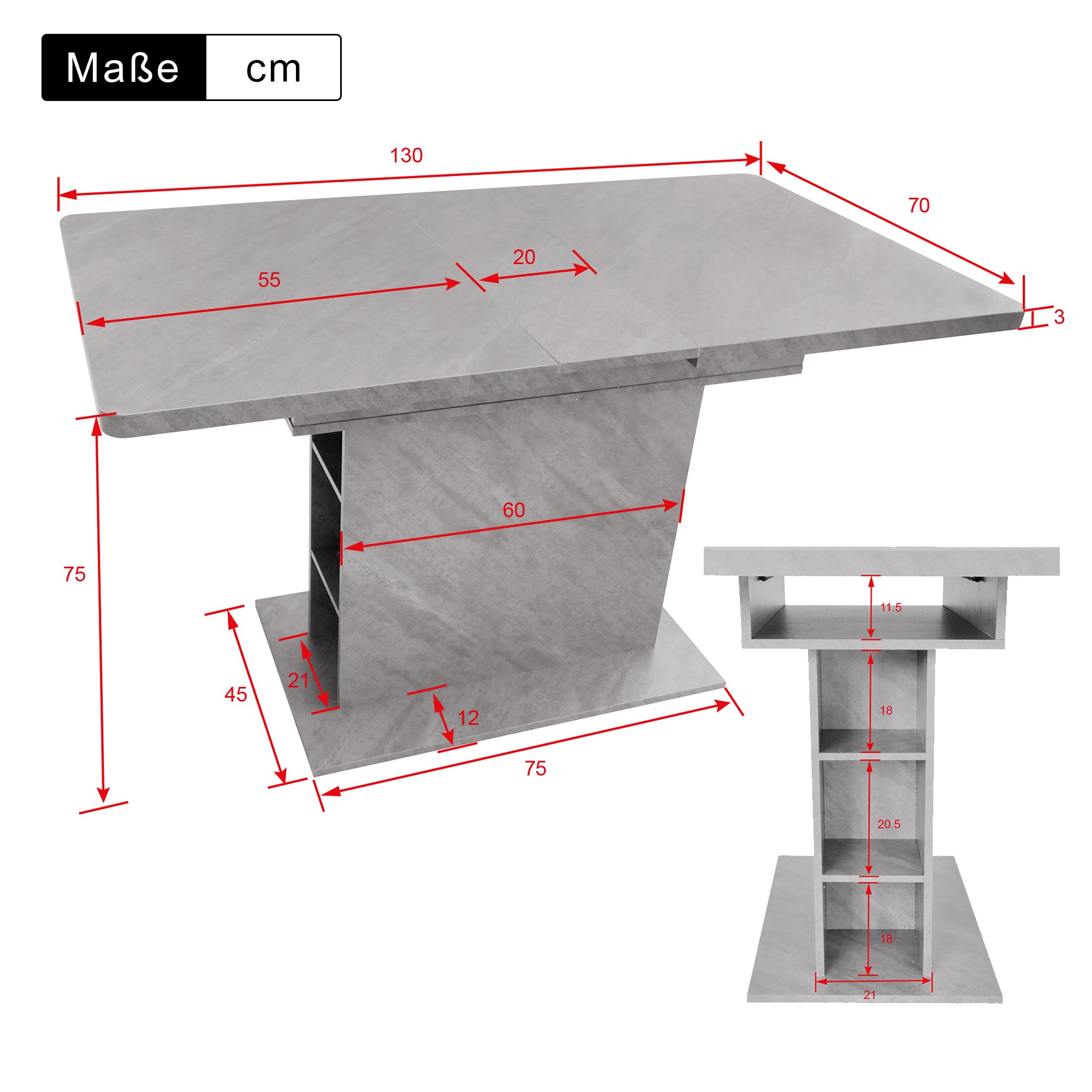 Extendable Dining Table Rectangular Storage Iron - Concrete Look