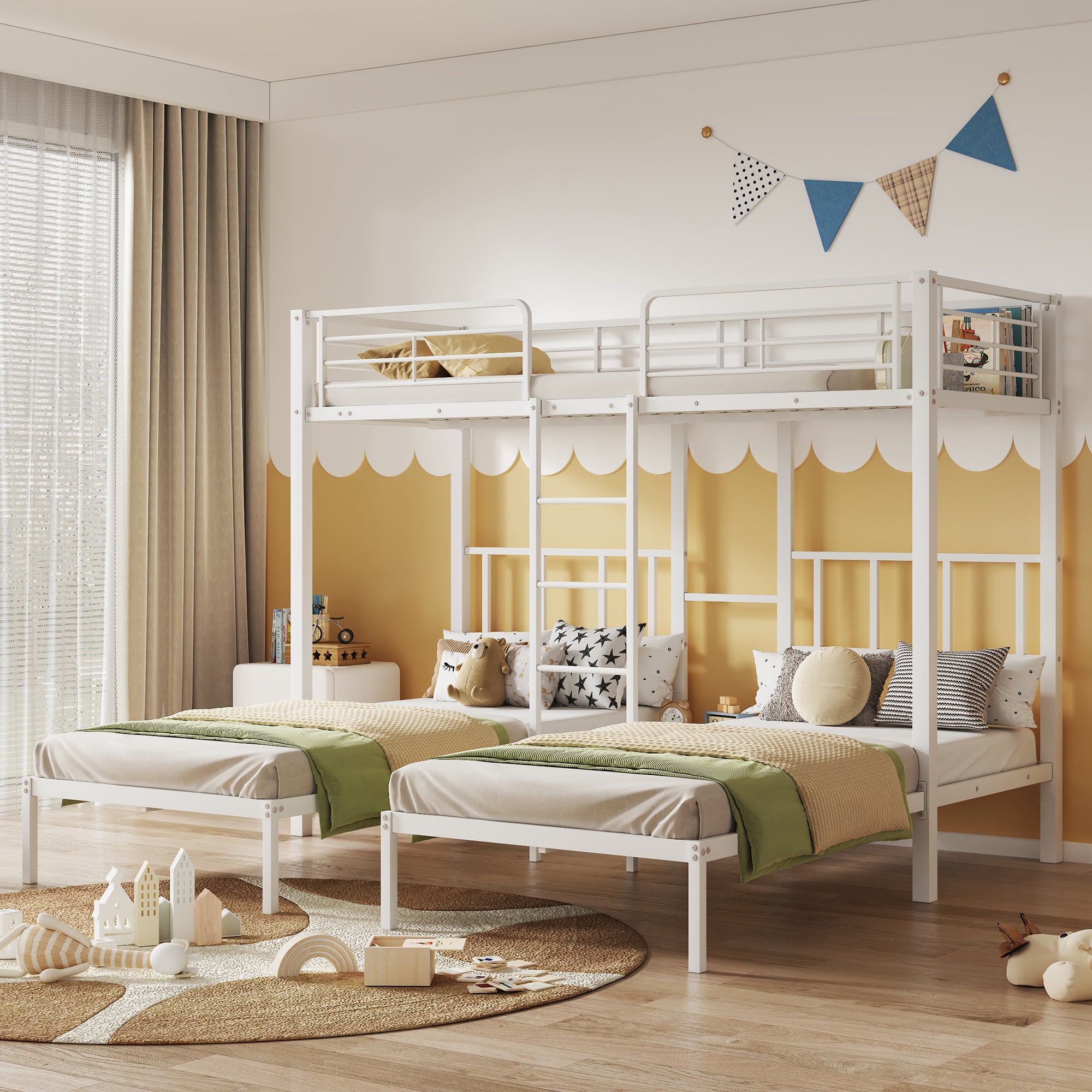 Triple Bed, Bunk Bed with Ladder, Safety Rail & Table, Iron White