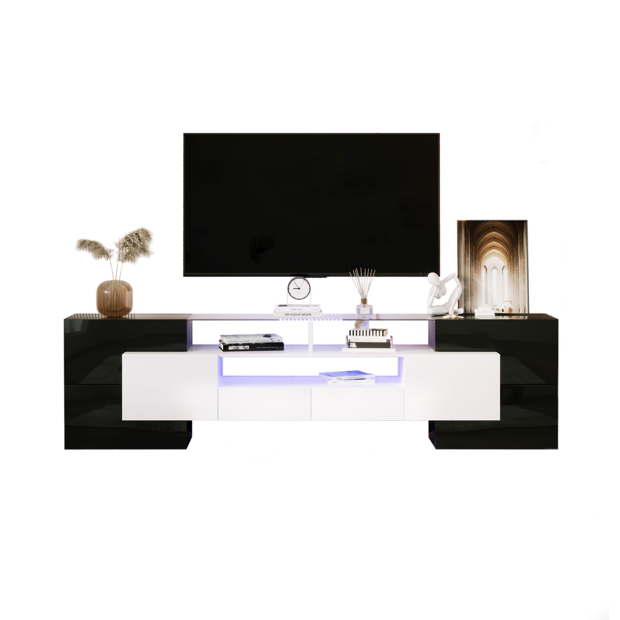 TV Cabinet, Low Panel 200cm LED Lighting, High-Gloss White and Black
