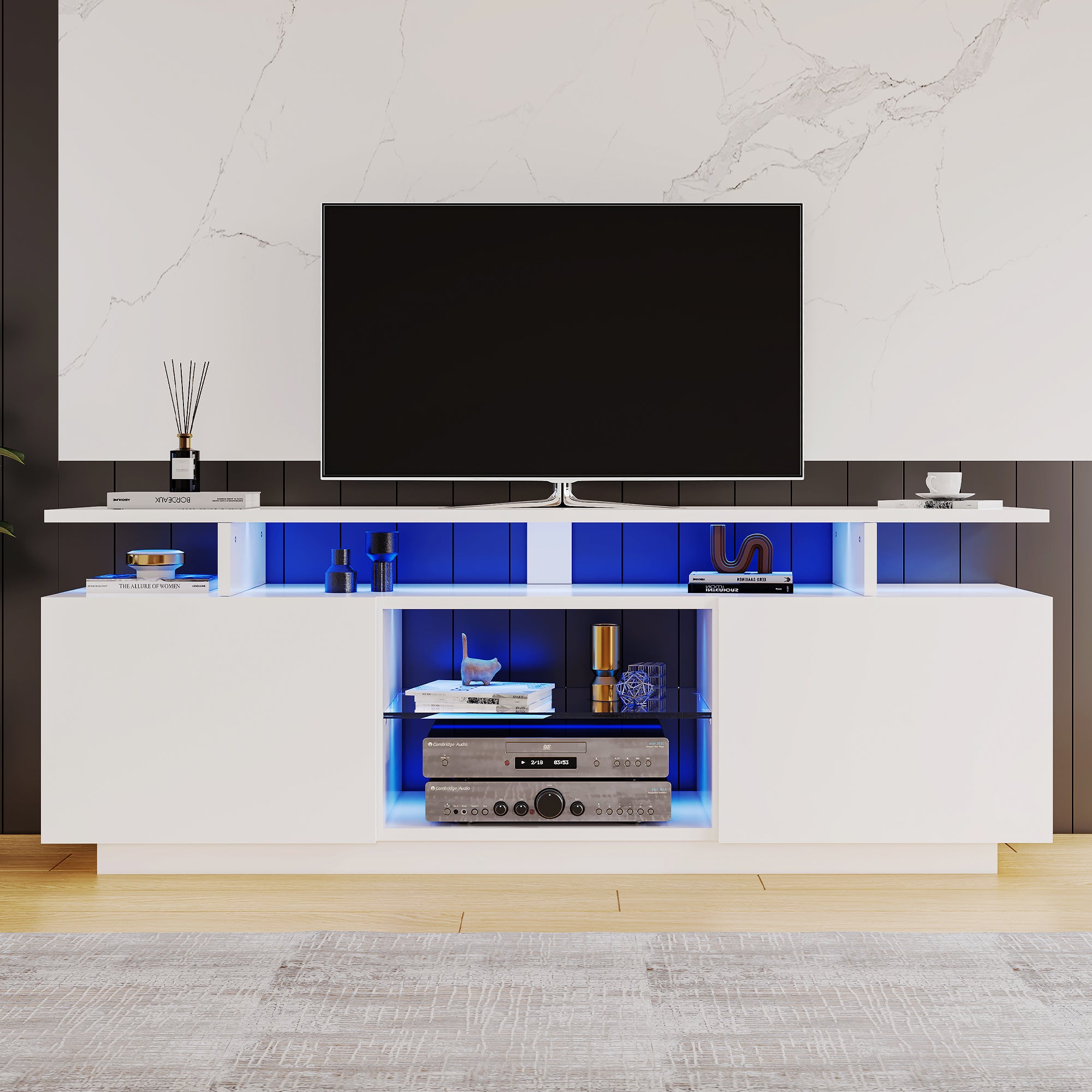 TV Cabinet 1.4m LED Lighting, 60-inch TV Storage, High-Gloss White