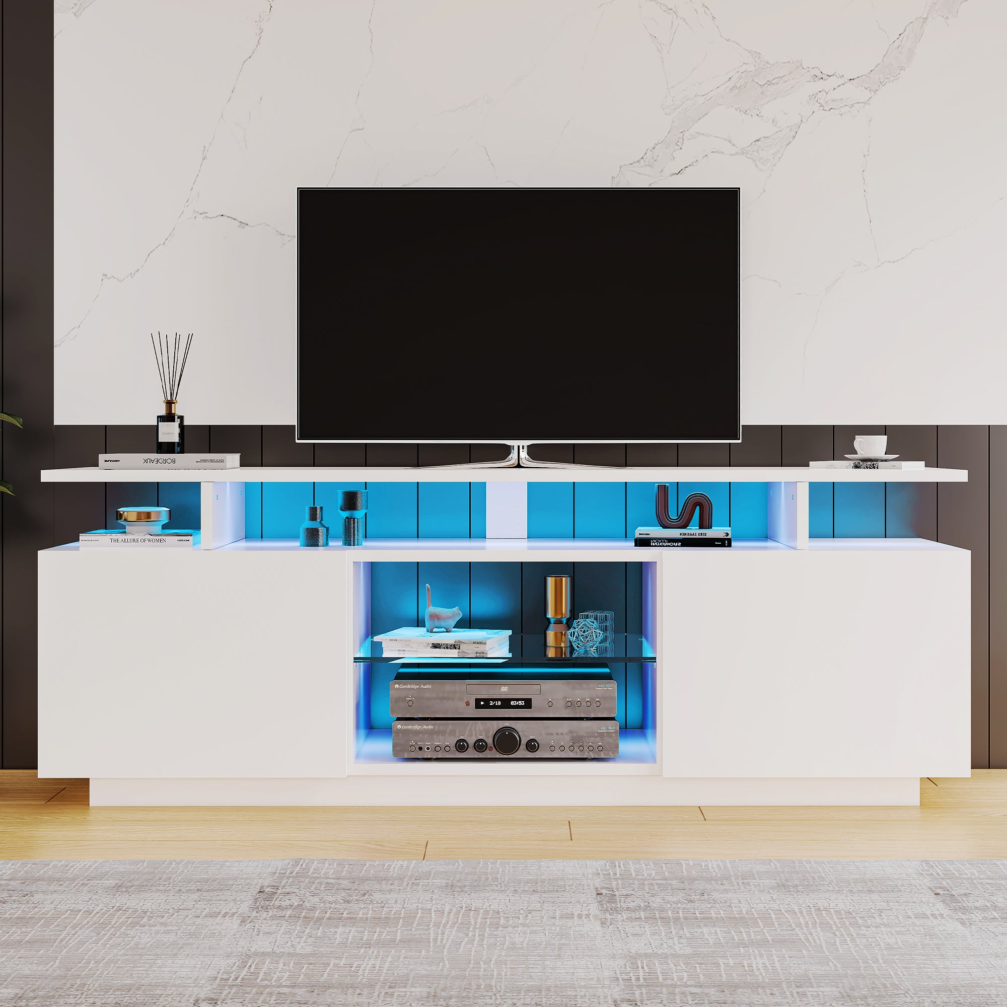 TV Cabinet 1.4m LED Lighting, 60-inch TV Storage, High-Gloss White