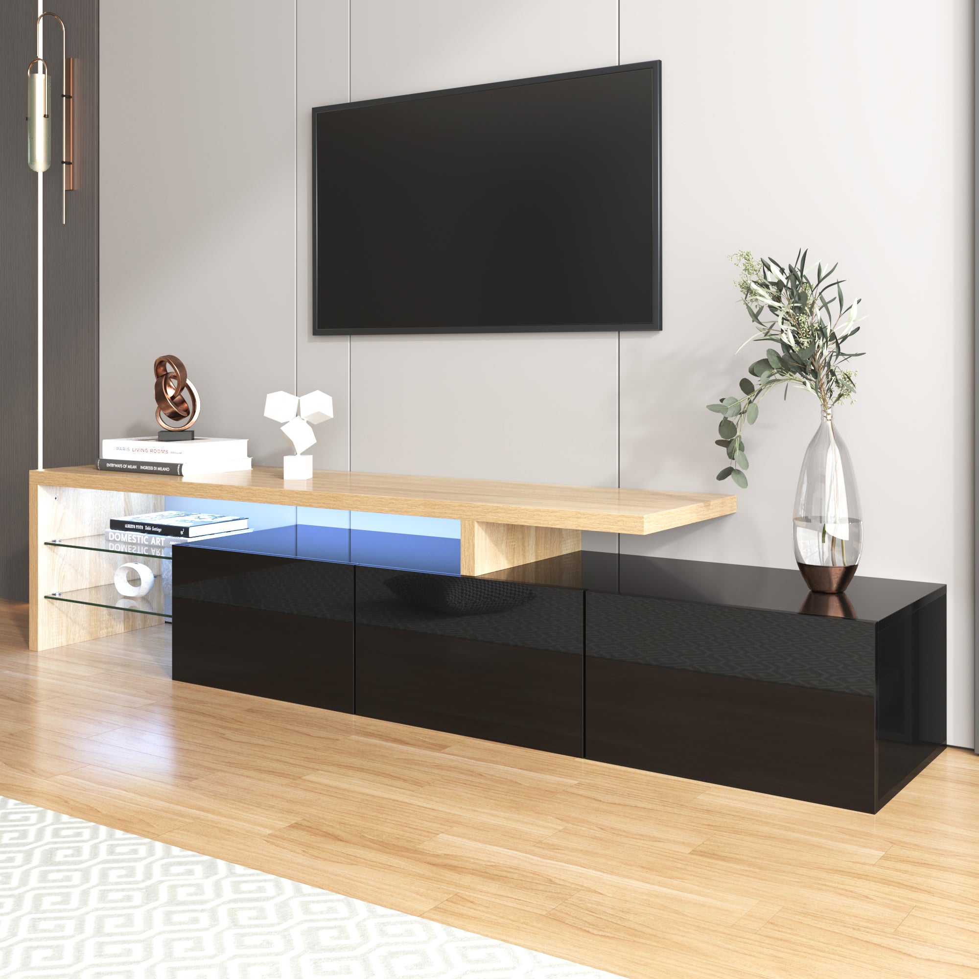 TV Cabinet, Modern Design with Storage, Glass Shelves, High-Gloss Black Wood