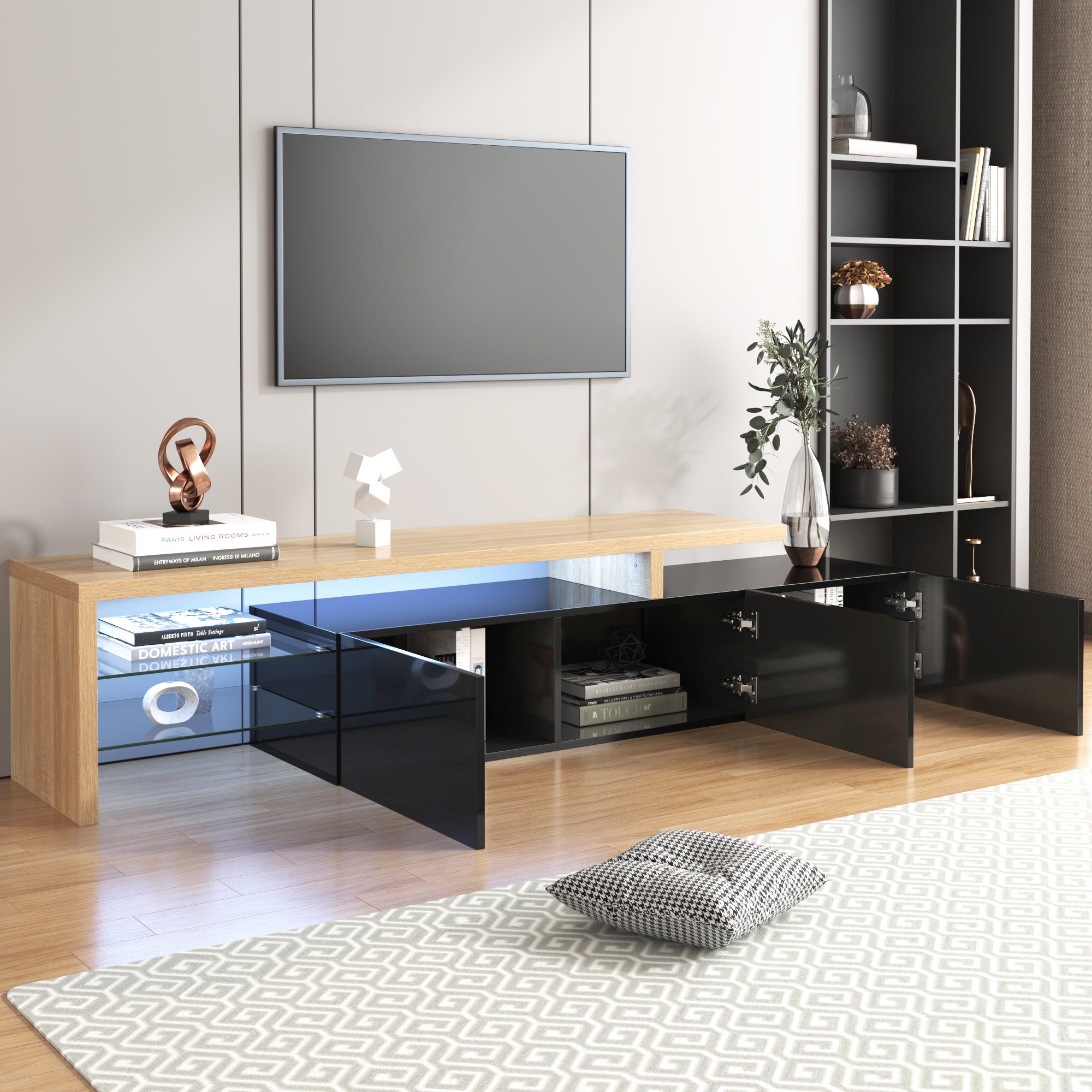 TV Cabinet, Modern Design with Storage, Glass Shelves, High-Gloss Black Wood