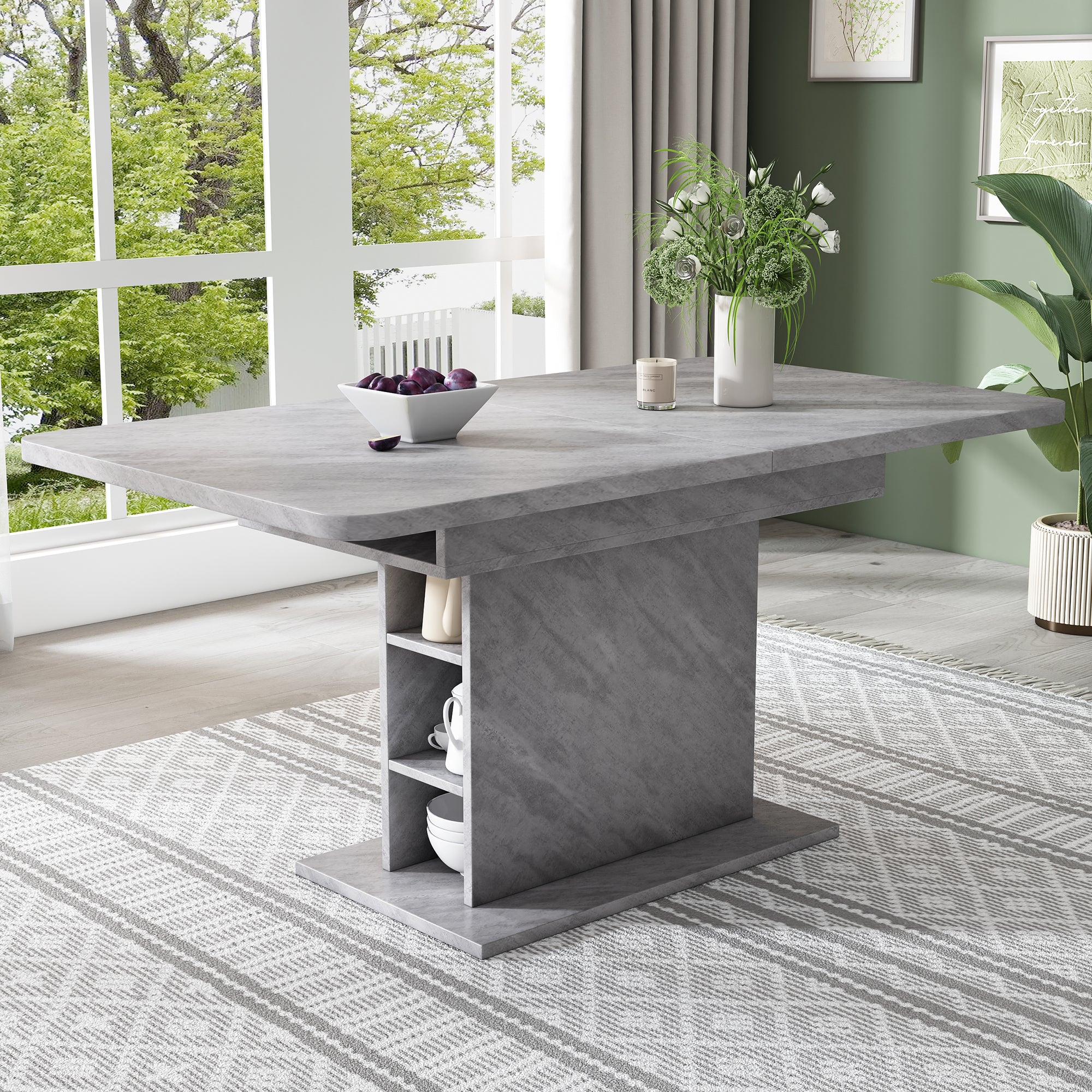 Extendable Dining Table Rectangular Storage Iron - Concrete Look