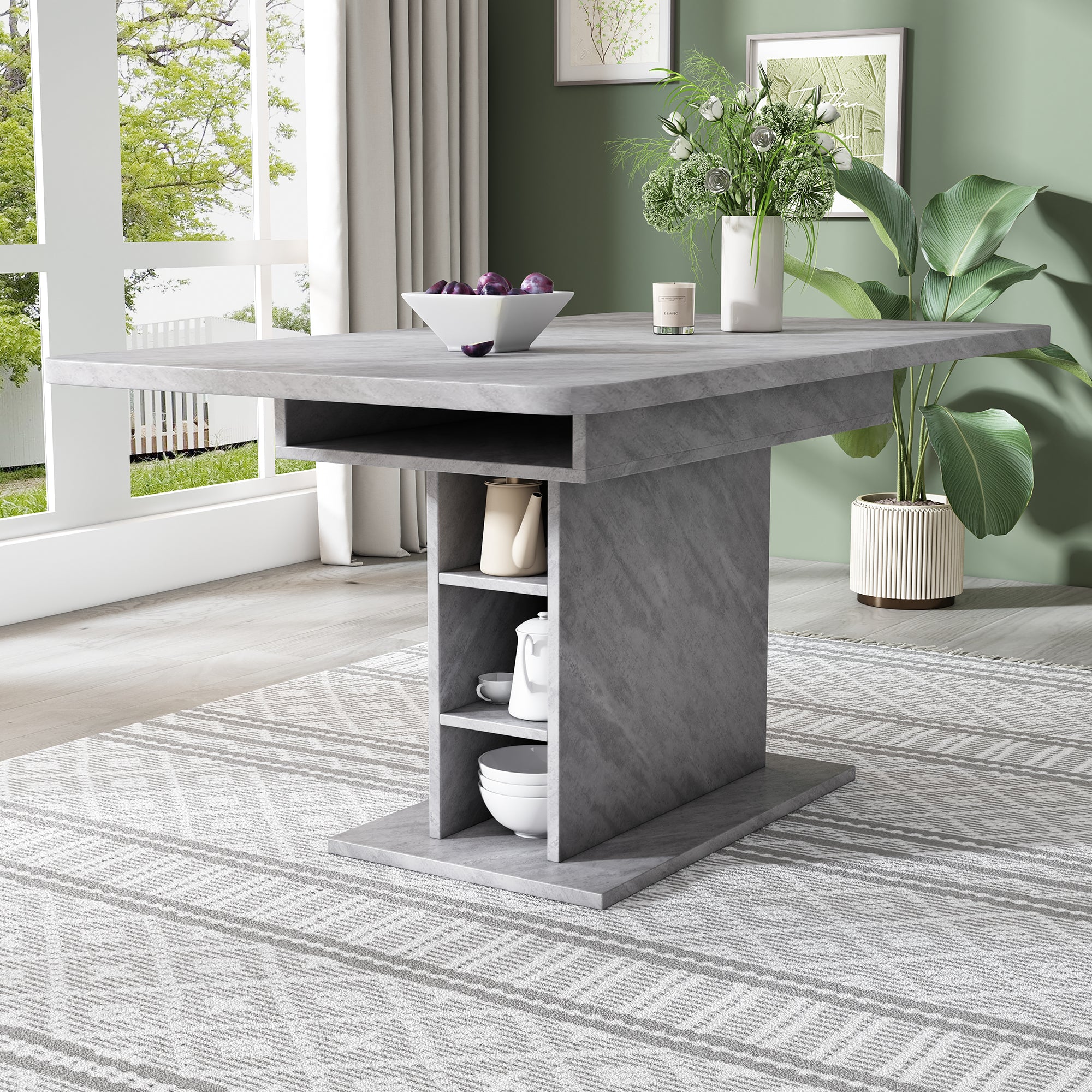 Extendable Dining Table Rectangular Storage Iron - Concrete Look