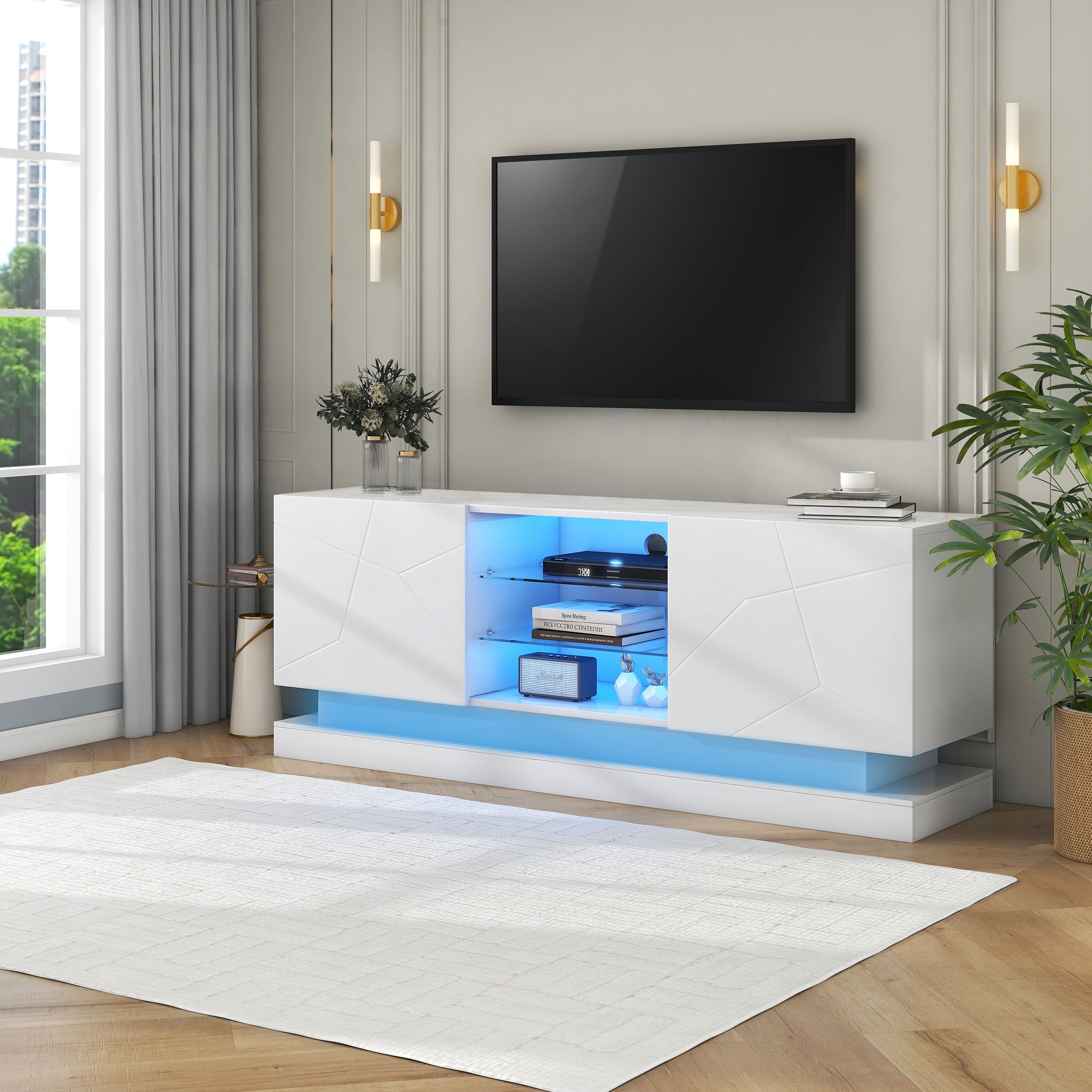 TV Stand, Frosted White, 1.6m, Adjustable Glass Shelf, 70-inch Space