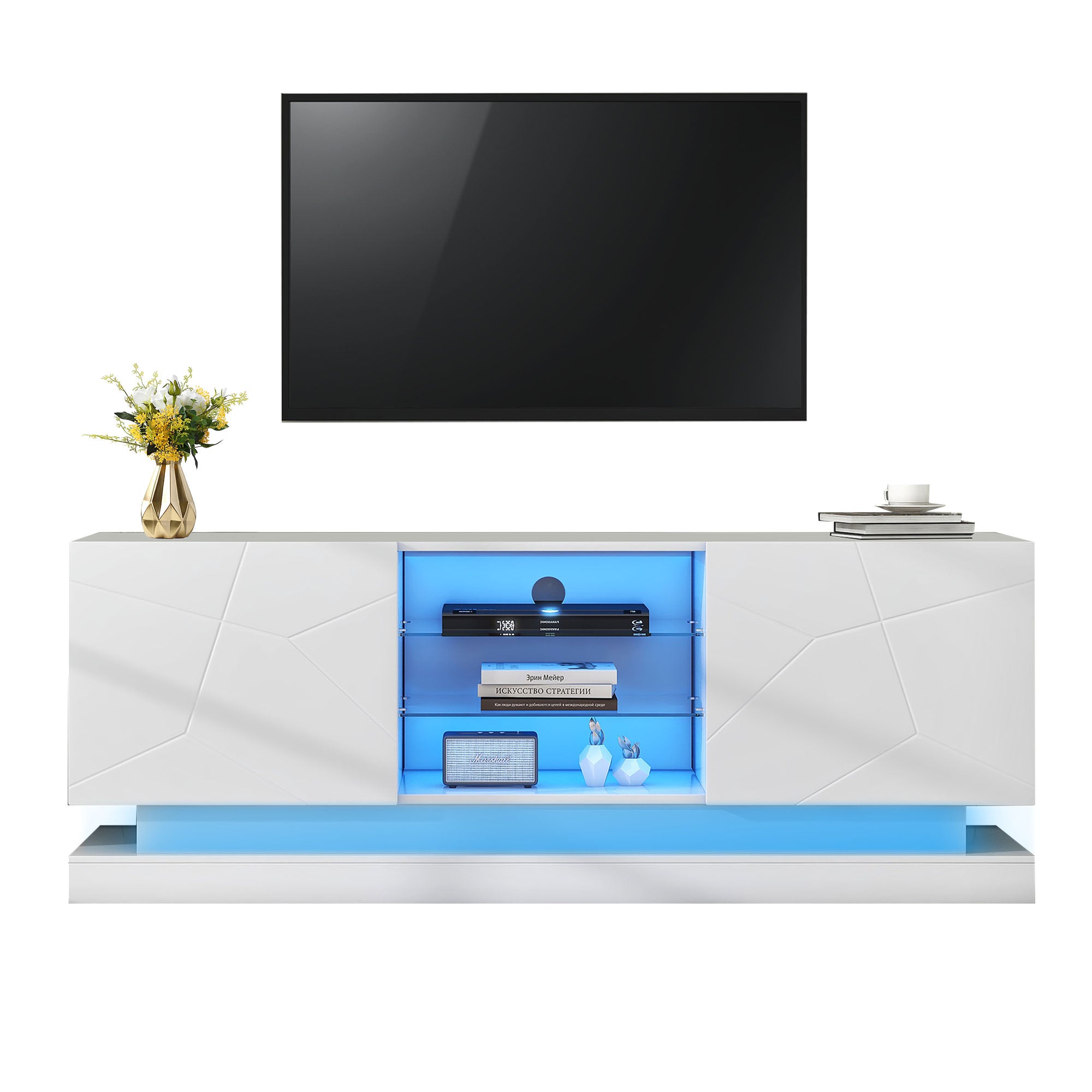 TV Stand, Frosted White, 1.6m, Adjustable Glass Shelf, 70-inch Space