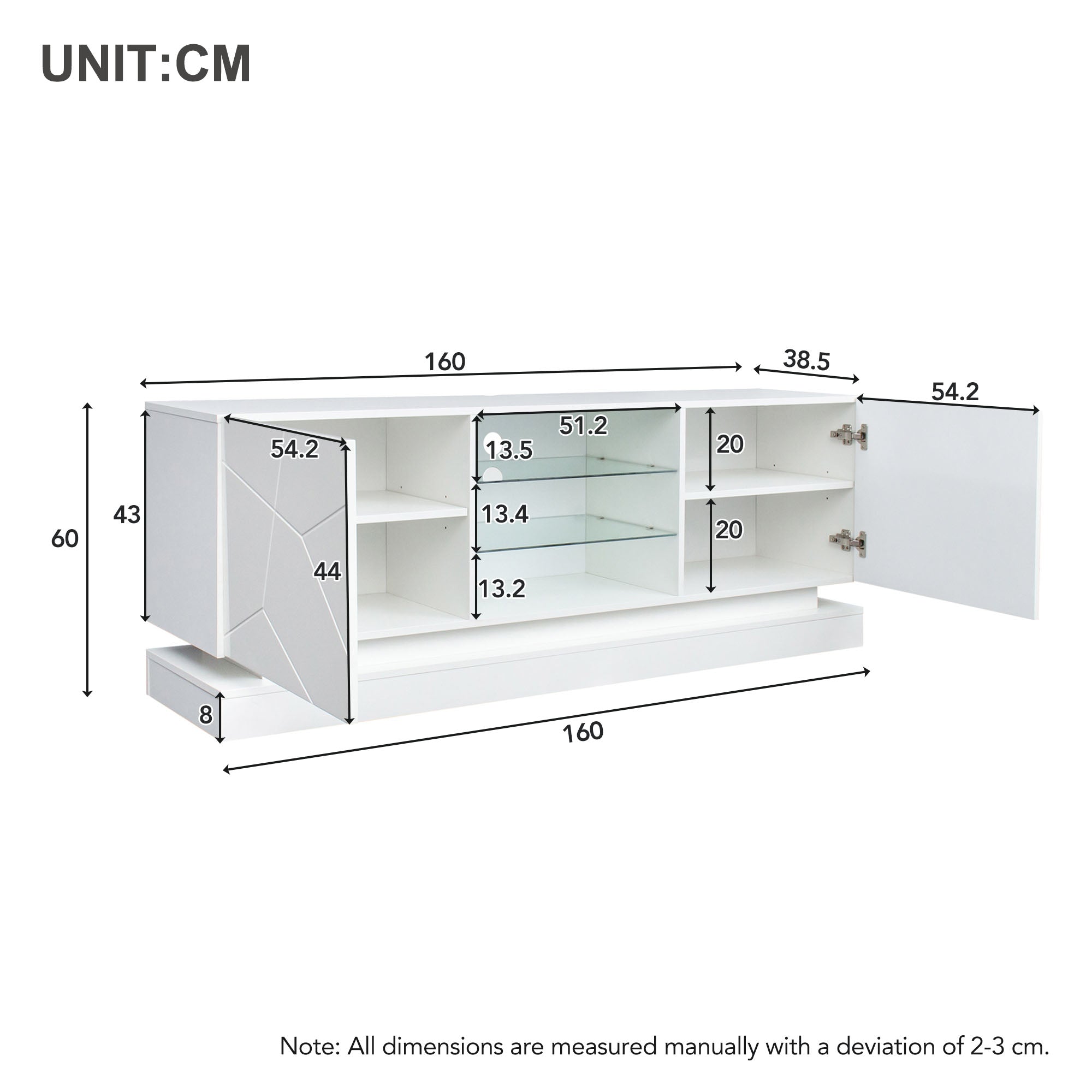 TV Stand, Frosted White, 1.6m, Adjustable Glass Shelf, 70-inch Space