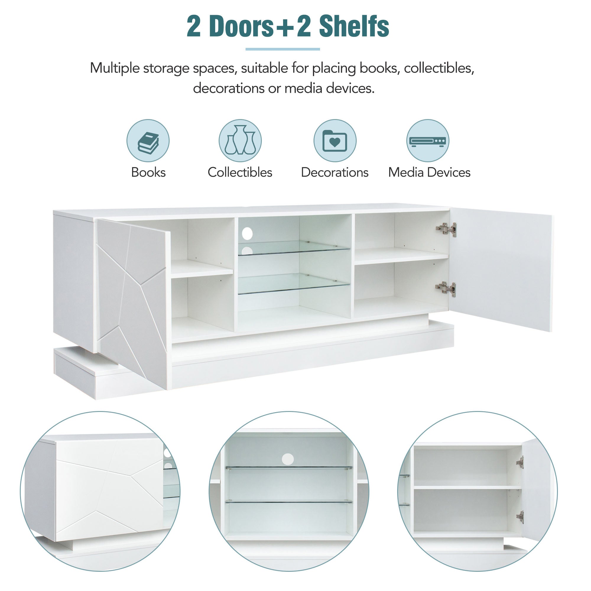 TV Stand, Frosted White, 1.6m, Adjustable Glass Shelf, 70-inch Space