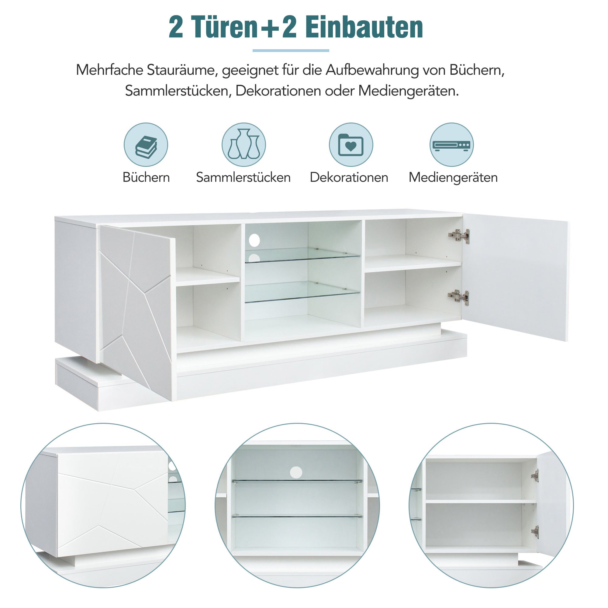 TV Stand, Frosted White, 1.6m, Adjustable Glass Shelf, 70-inch Space