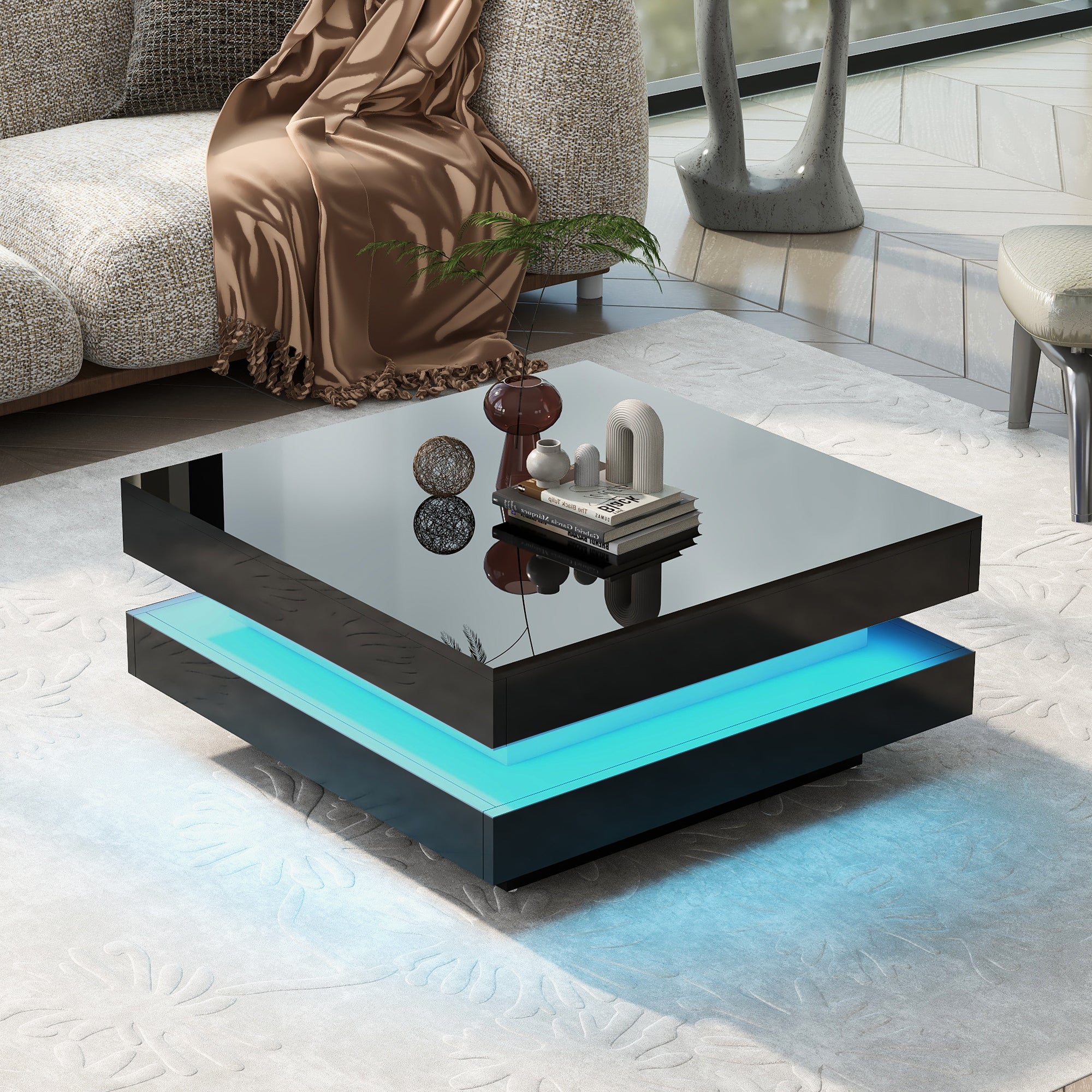 Square Coffee Table - Modern Tech, 16-Color LED Lighting, 70x70x36 cm, Black