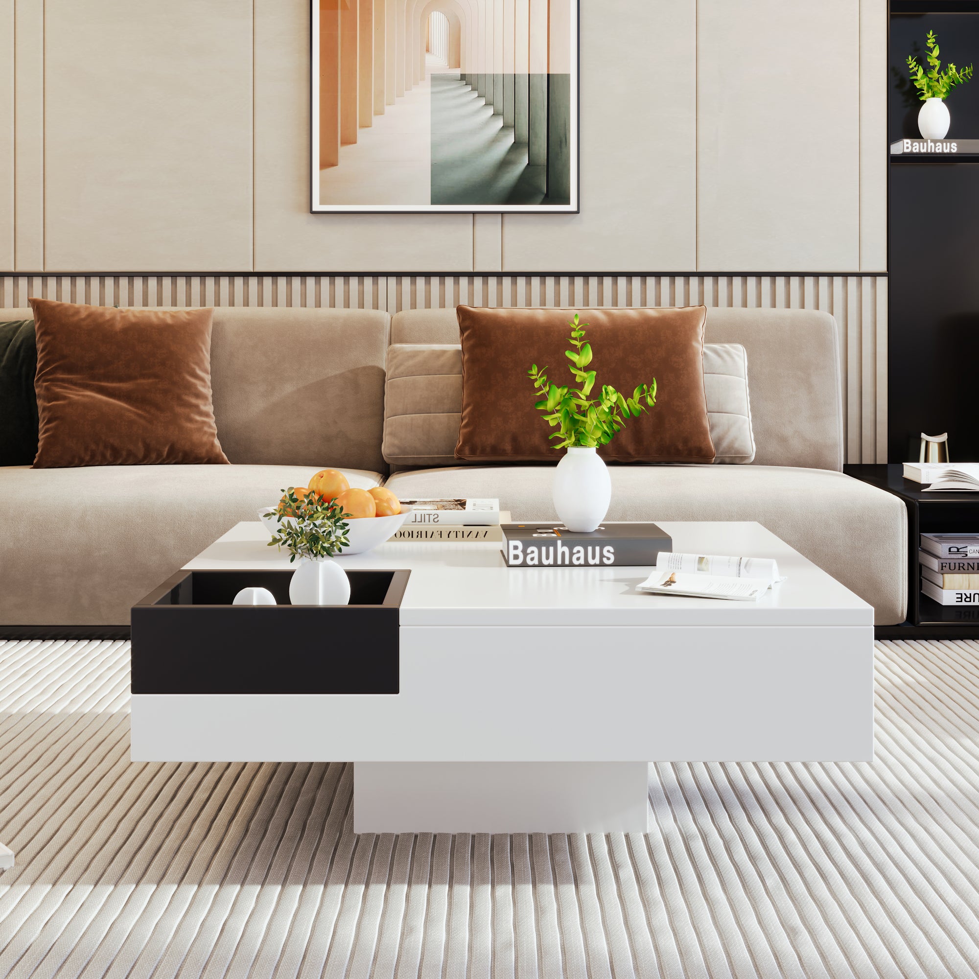 Coffee Table, High-Gloss with Removable Storage Box and LED Light Effect, White and Black